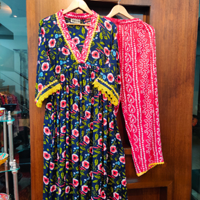 Blue Floral Digital Printed Nyra Cut Anarkali Cotton Stitched Co-Ord Set