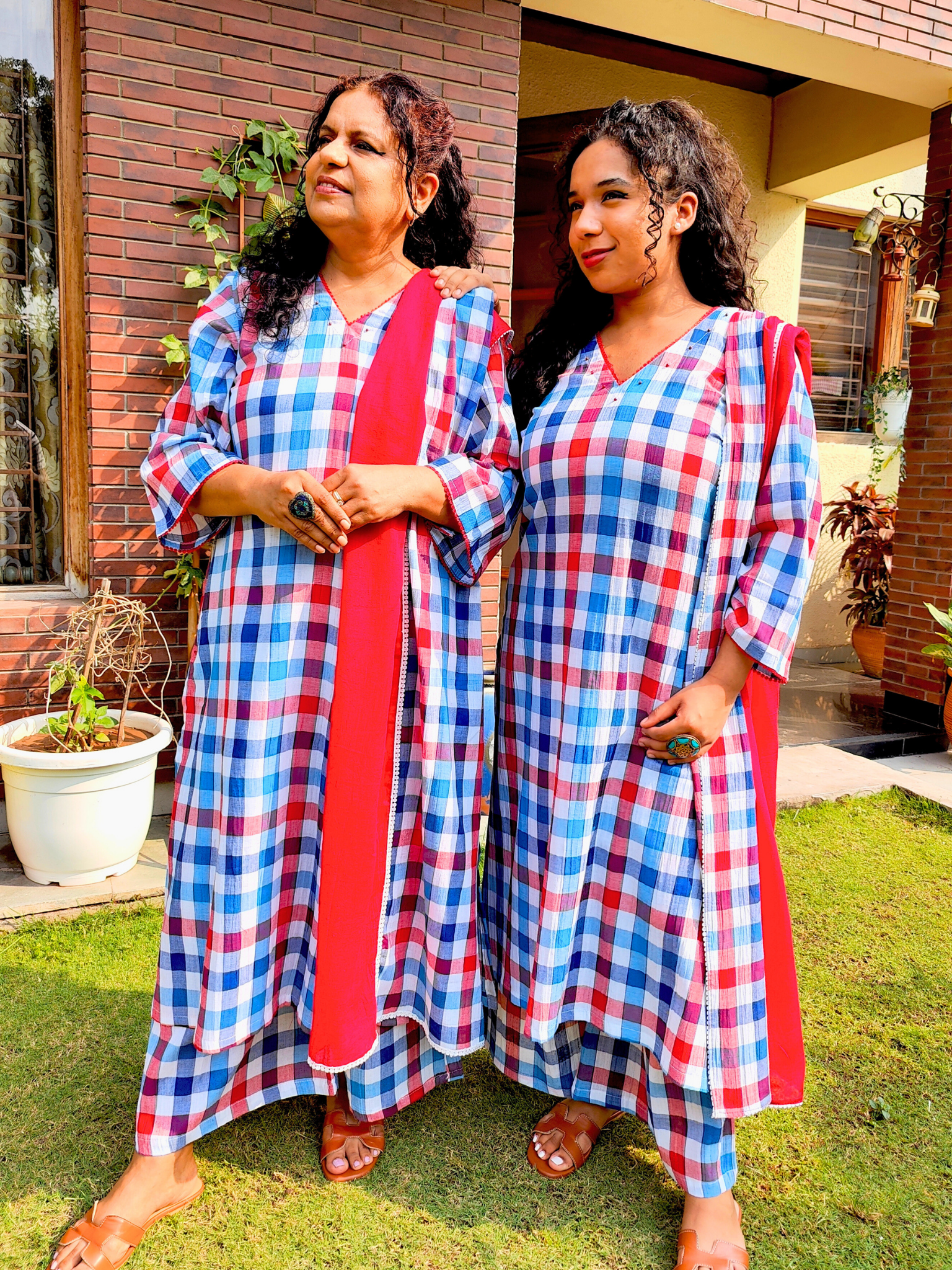 Blue and Red Checkred Cotton Lace Stitched Suit Set