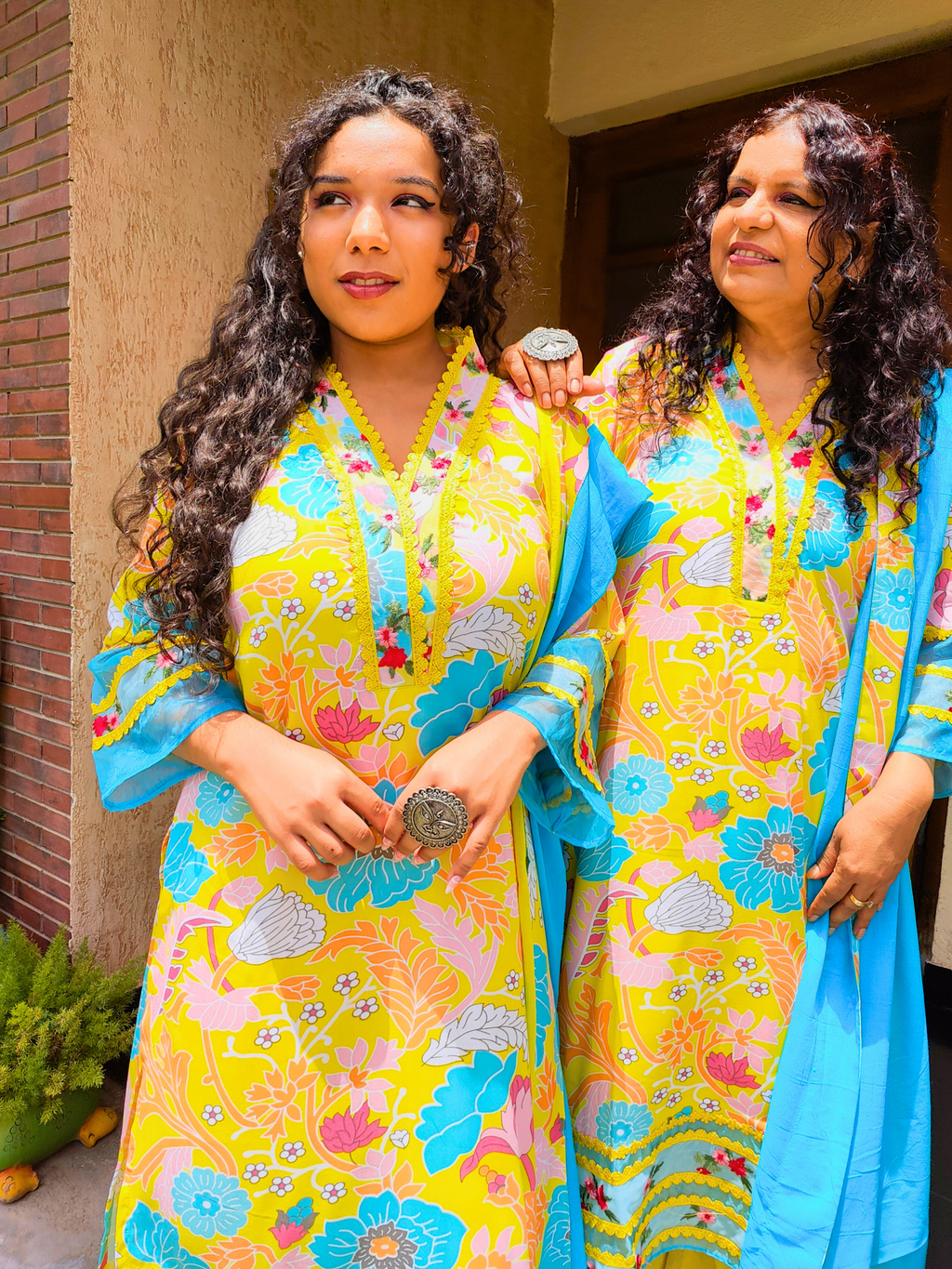 Yellow Multi Coloured Floral Embroidered Lace Cotton Stitched Suit Set