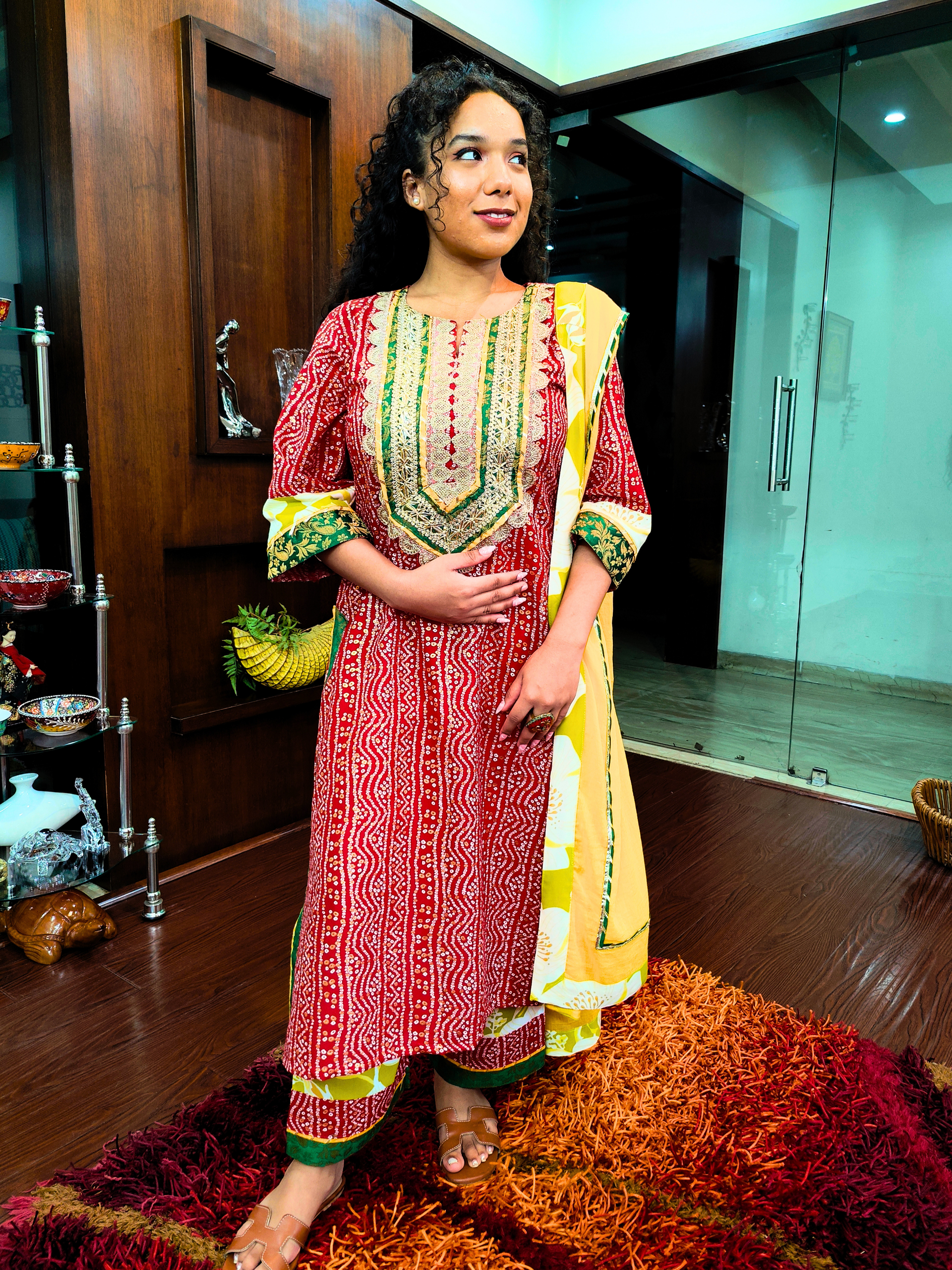 Red Bandhej Silver Gota Cotton Stitched Suit Set