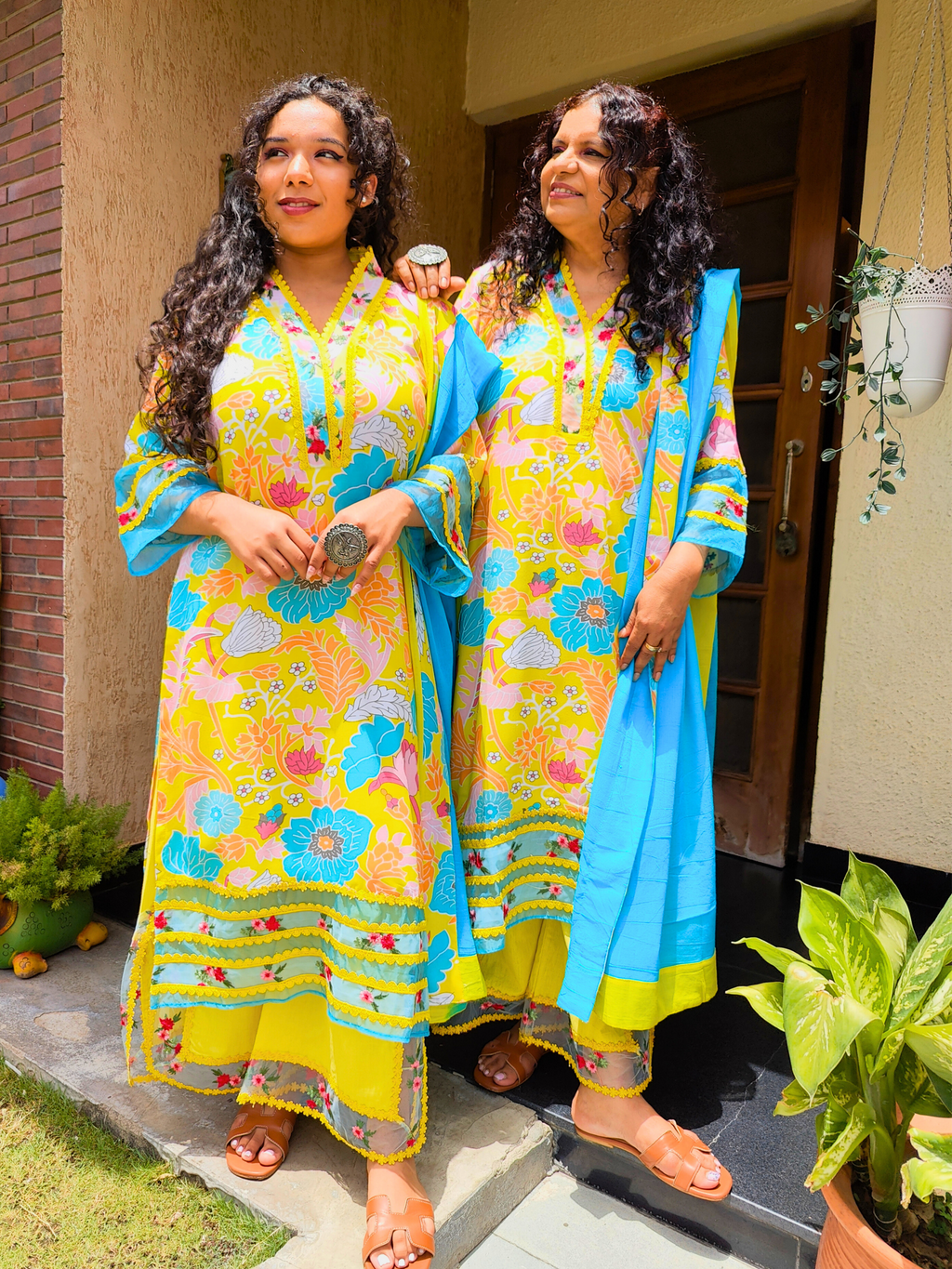 Yellow Multi Coloured Floral Embroidered Lace Cotton Stitched Suit Set