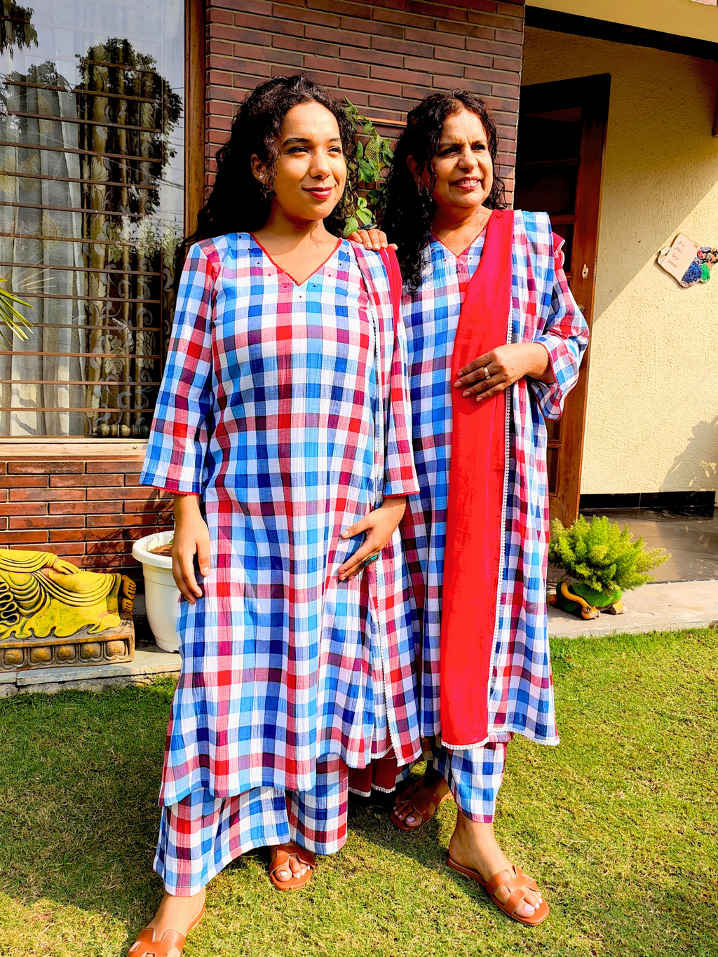 Blue and Red Checkred Cotton Lace Stitched Suit Set