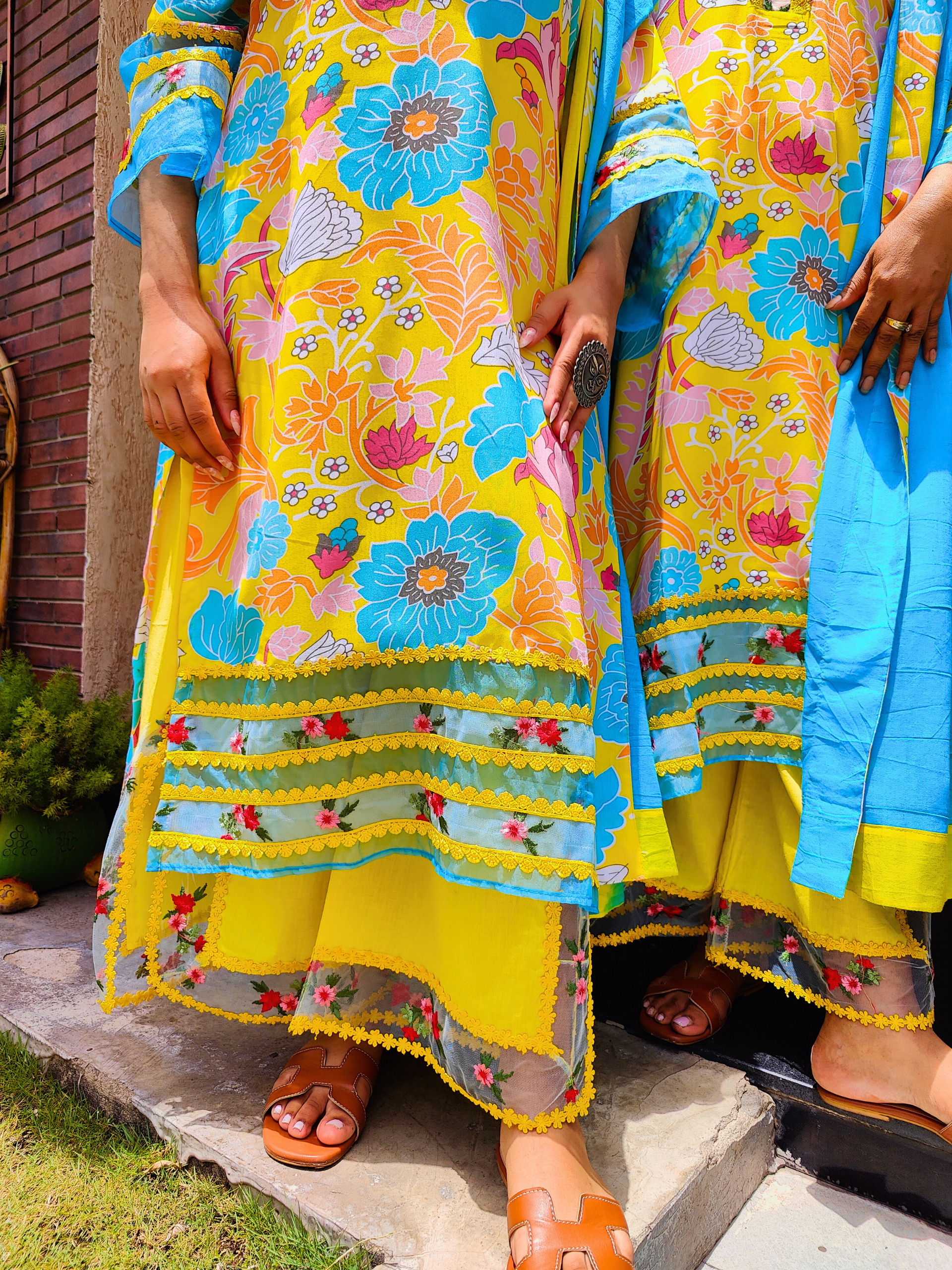Yellow Multi Coloured Floral Embroidered Lace Cotton Stitched Suit Set