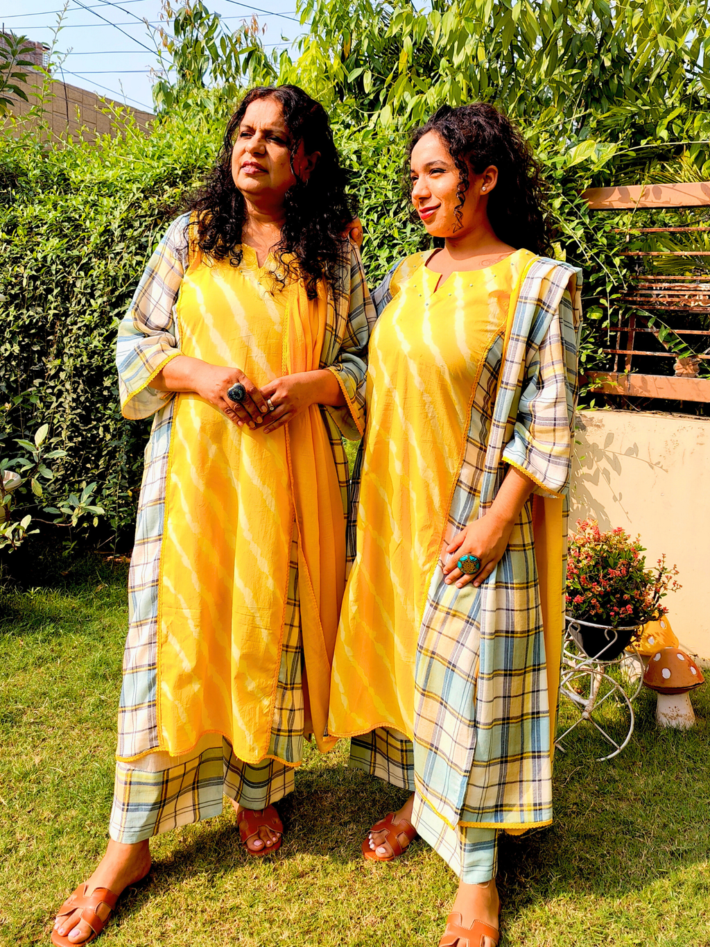 Yellow Tie Dye Checkred cotton Stitched Suit Set