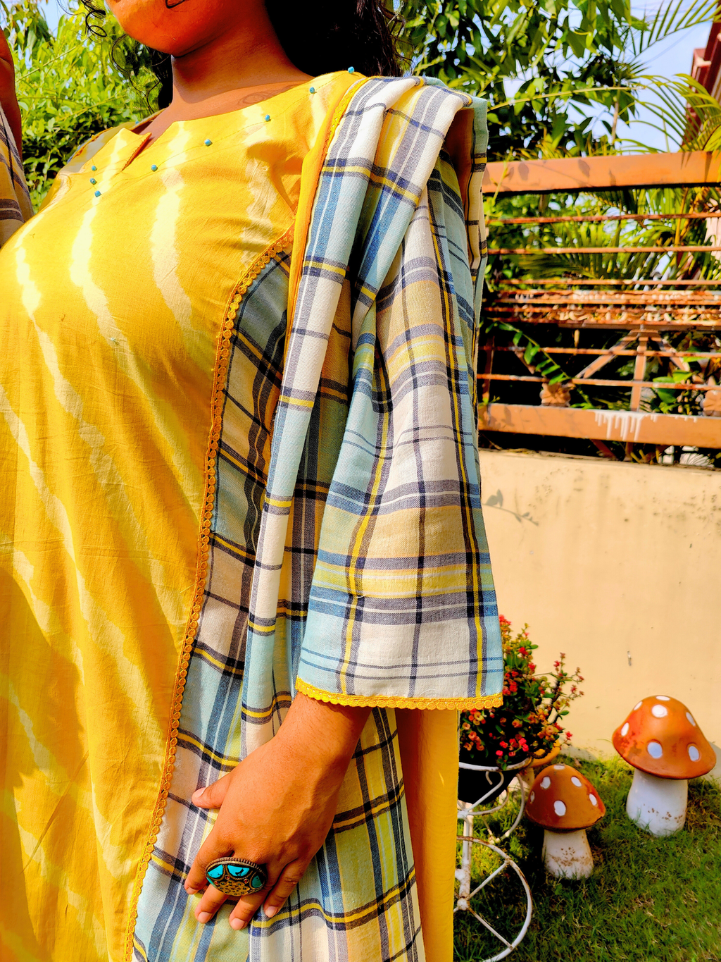 Yellow Tie Dye Checkred cotton Stitched Suit Set