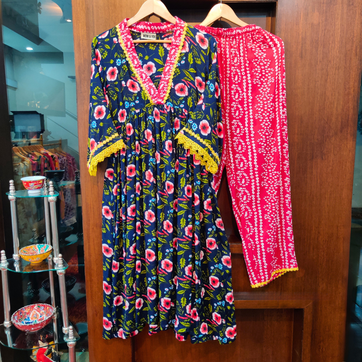 Blue Floral Digital Printed Nyra Cut Anarkali Cotton Stitched Co-Ord Set