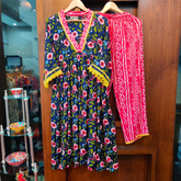 Blue Floral Digital Printed Nyra Cut Anarkali Cotton Stitched Co-Ord Set