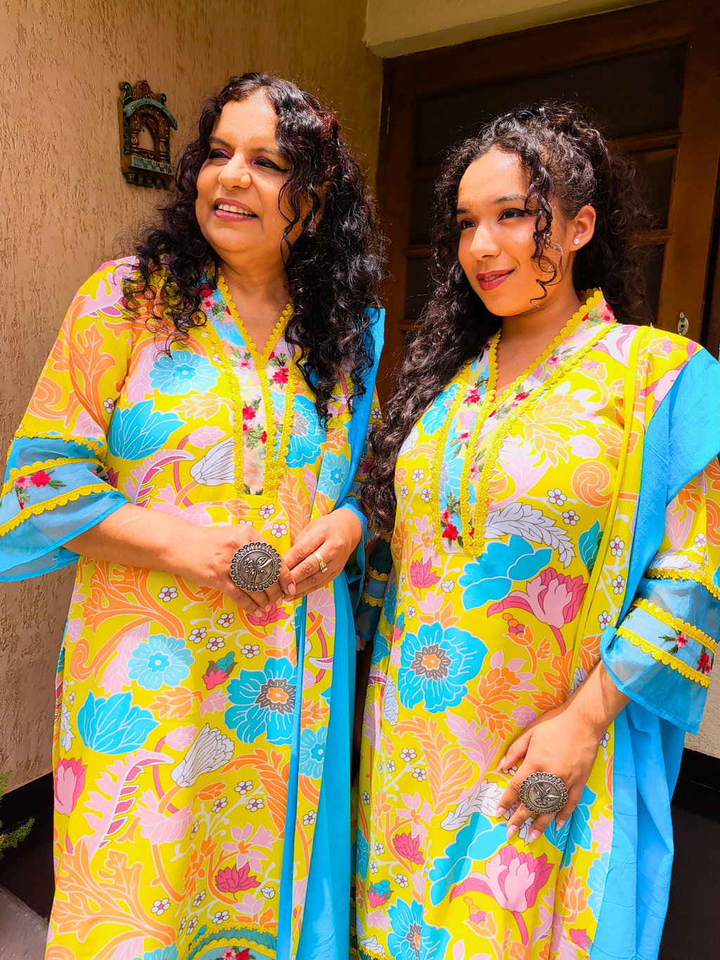 Yellow Multi Coloured Floral Embroidered Lace Cotton Stitched Suit Set