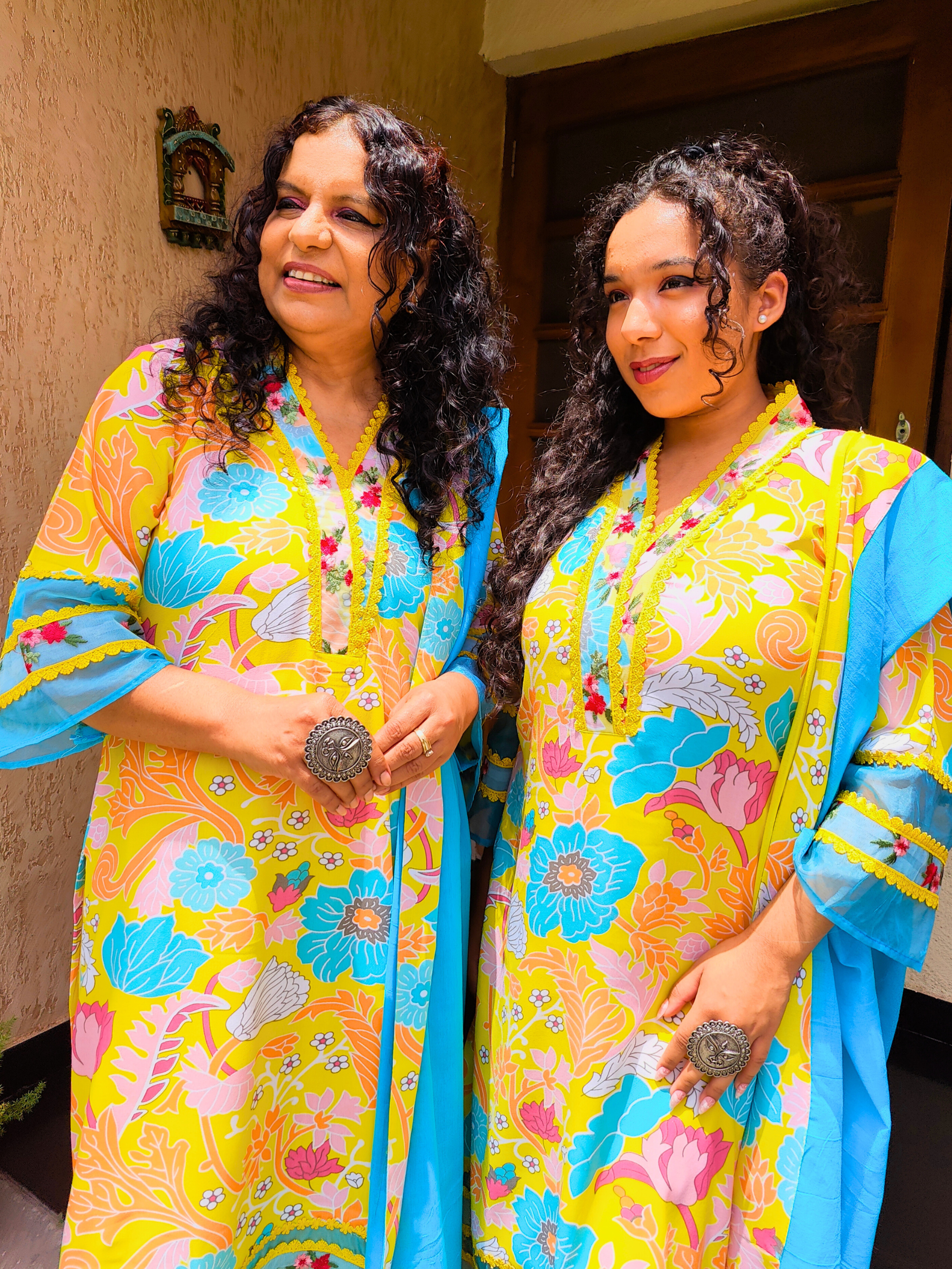 Yellow Multi Coloured Floral Embroidered Lace Cotton Stitched Suit Set