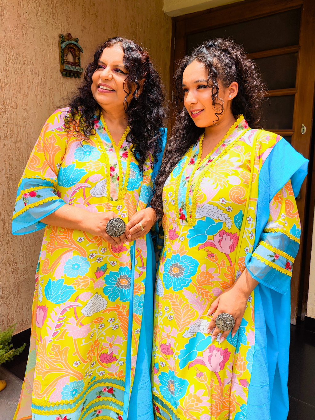 Yellow Multi Coloured Floral Embroidered Lace Cotton Stitched Suit Set