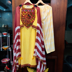 Yellow Striped Multi-Coloured Embroidered Stitched Suit Set