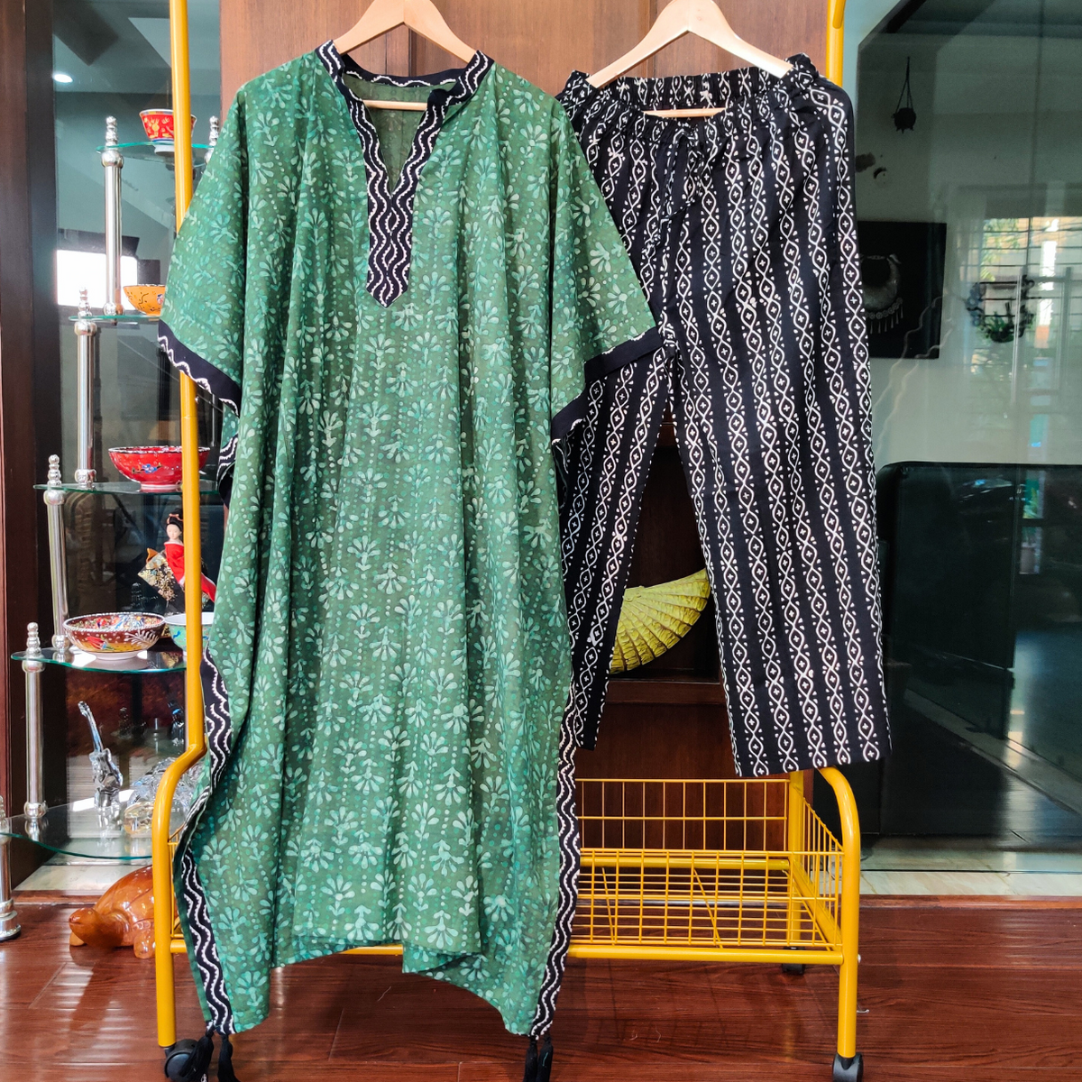 Green and Black Dabu Kurta Kaftan Cotton Stitched Co-Ord Set
