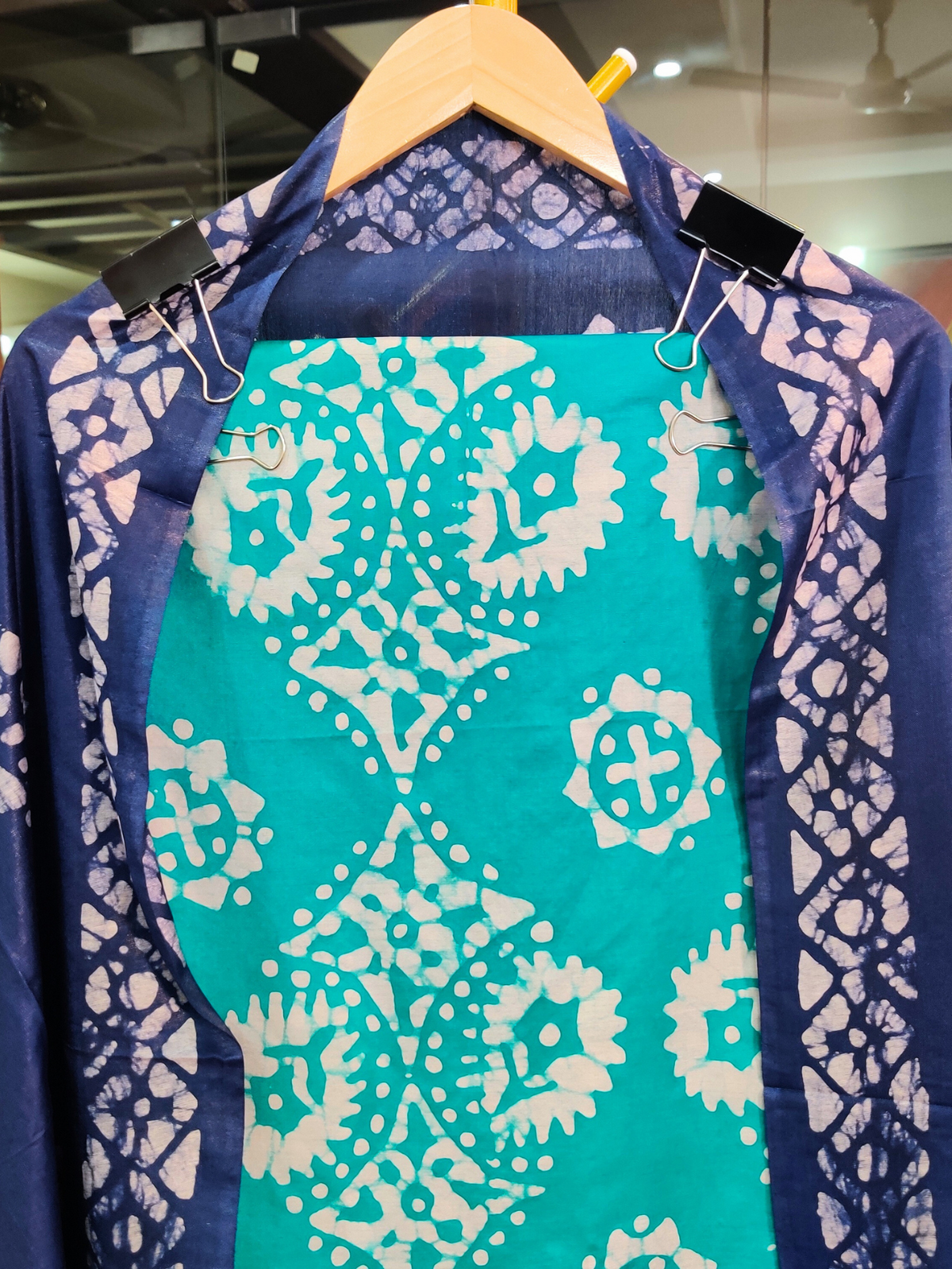 Sky Blue Batik Cotton Silk Unstitched Dress Material Suit Set