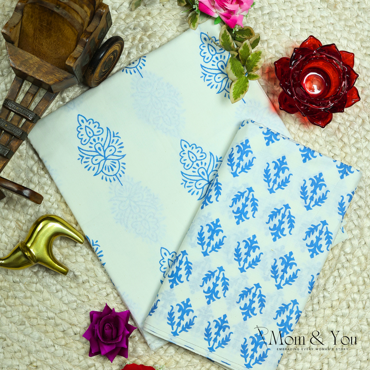 The Blue Handblock Unstitched Dress Material
