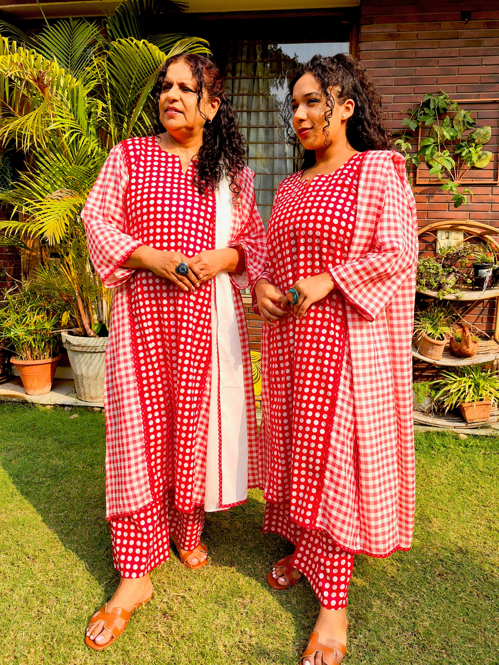 Red and White Polka Dot Cotton Stitched Suit Set