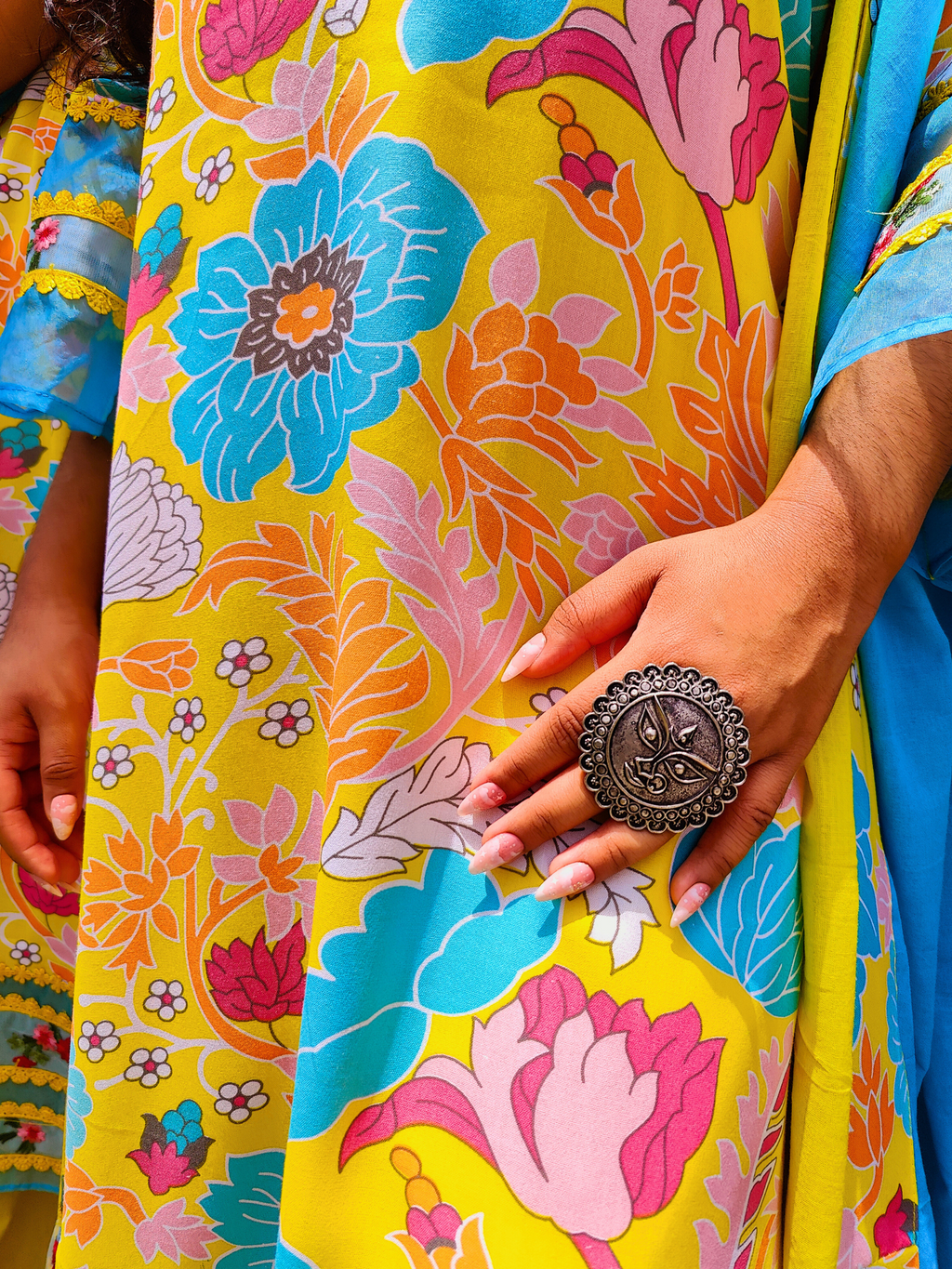 Yellow Multi Coloured Floral Embroidered Lace Cotton Stitched Suit Set