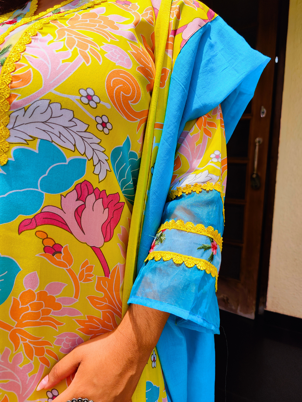 Yellow Multi Coloured Floral Embroidered Lace Cotton Stitched Suit Set