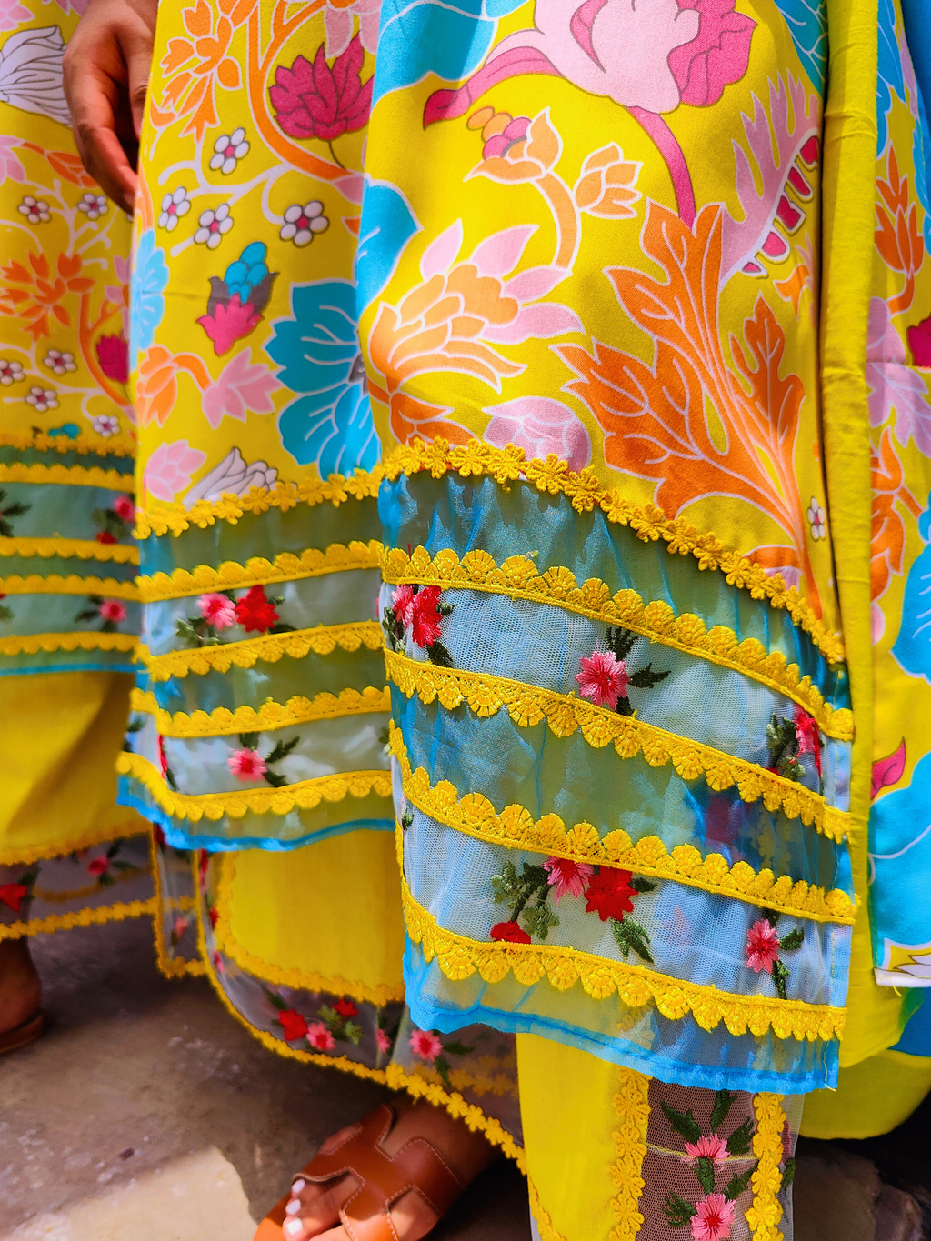 Yellow Multi Coloured Floral Embroidered Lace Cotton Stitched Suit Set
