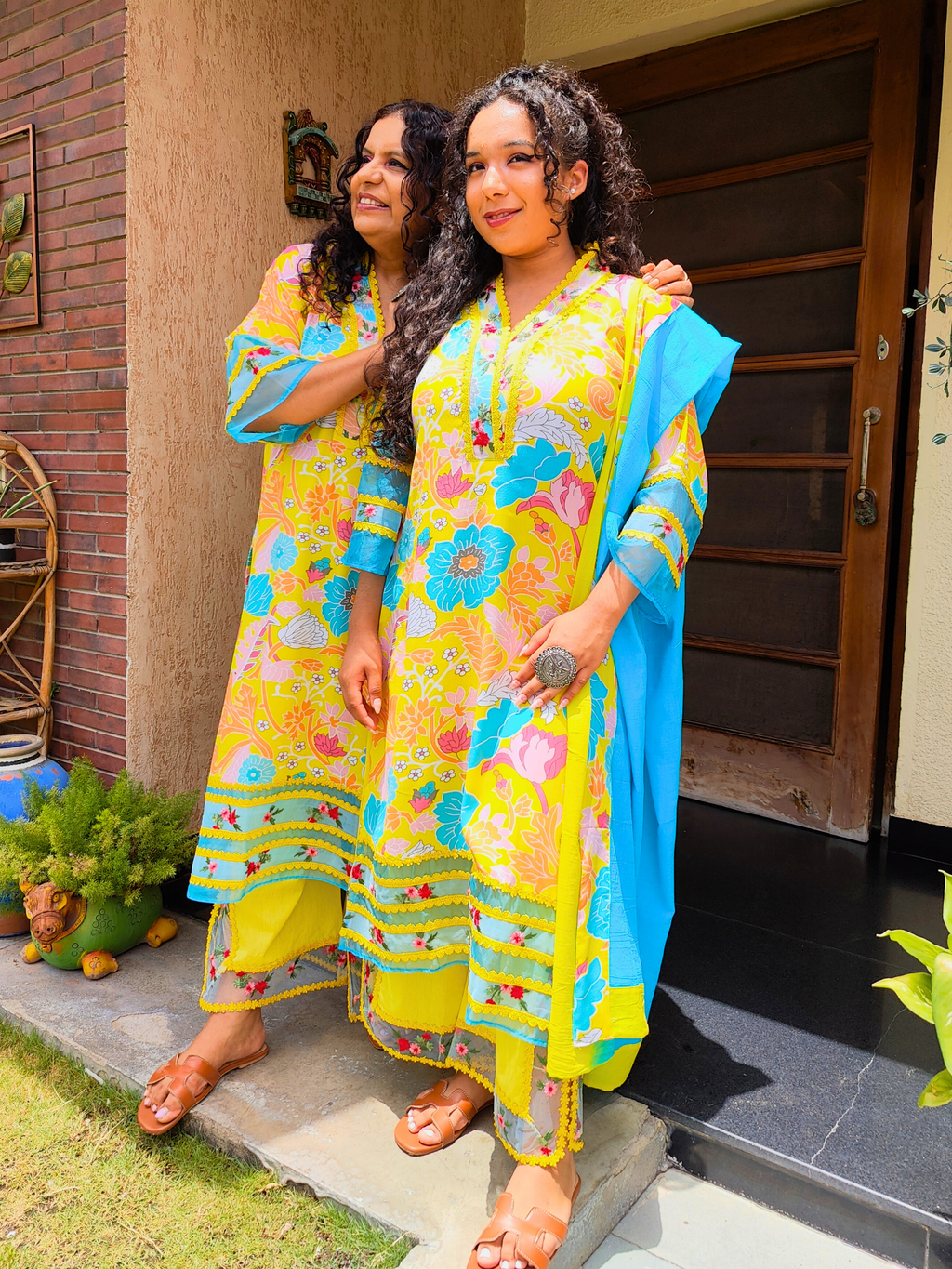 Yellow Multi Coloured Floral Embroidered Lace Cotton Stitched Suit Set