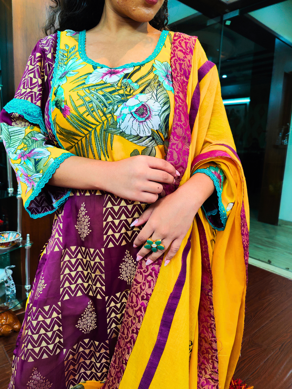 Purple Handblock Silk Green Lace Stitched Suit Set