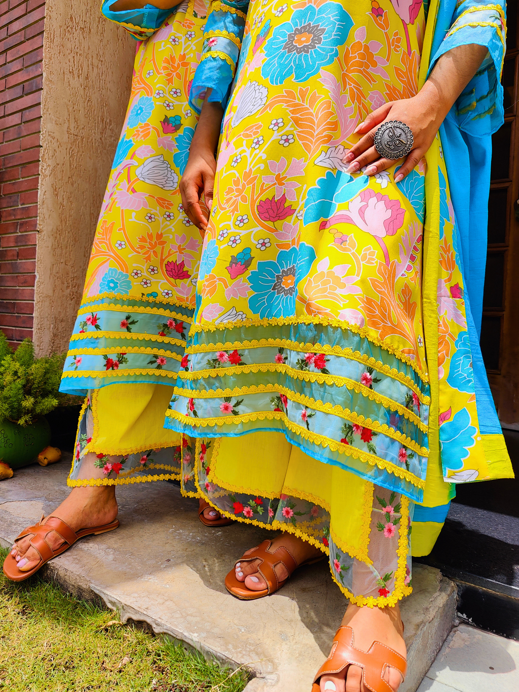 Yellow Multi Coloured Floral Embroidered Lace Cotton Stitched Suit Set