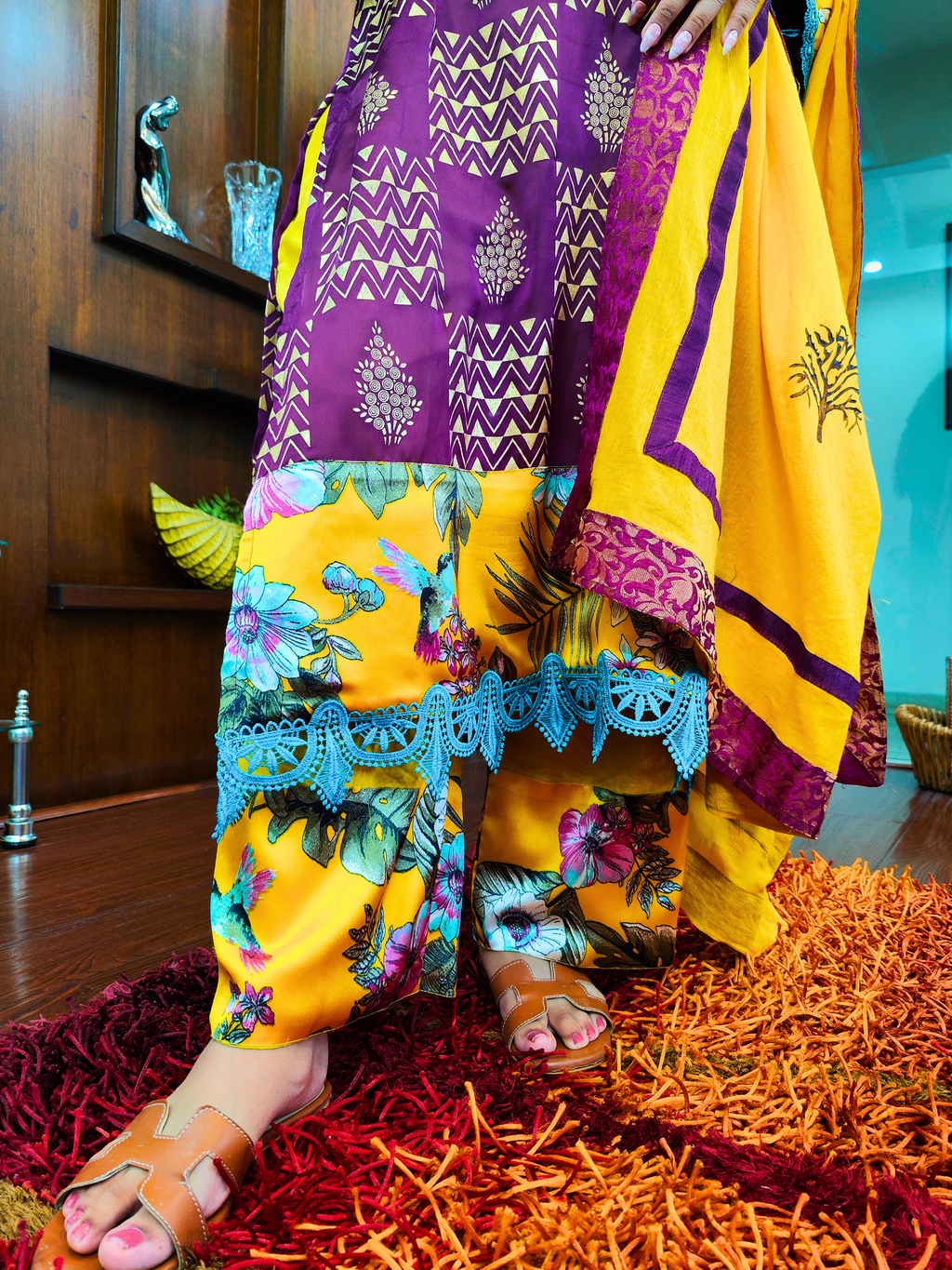 Purple Handblock Silk Green Lace Stitched Suit Set