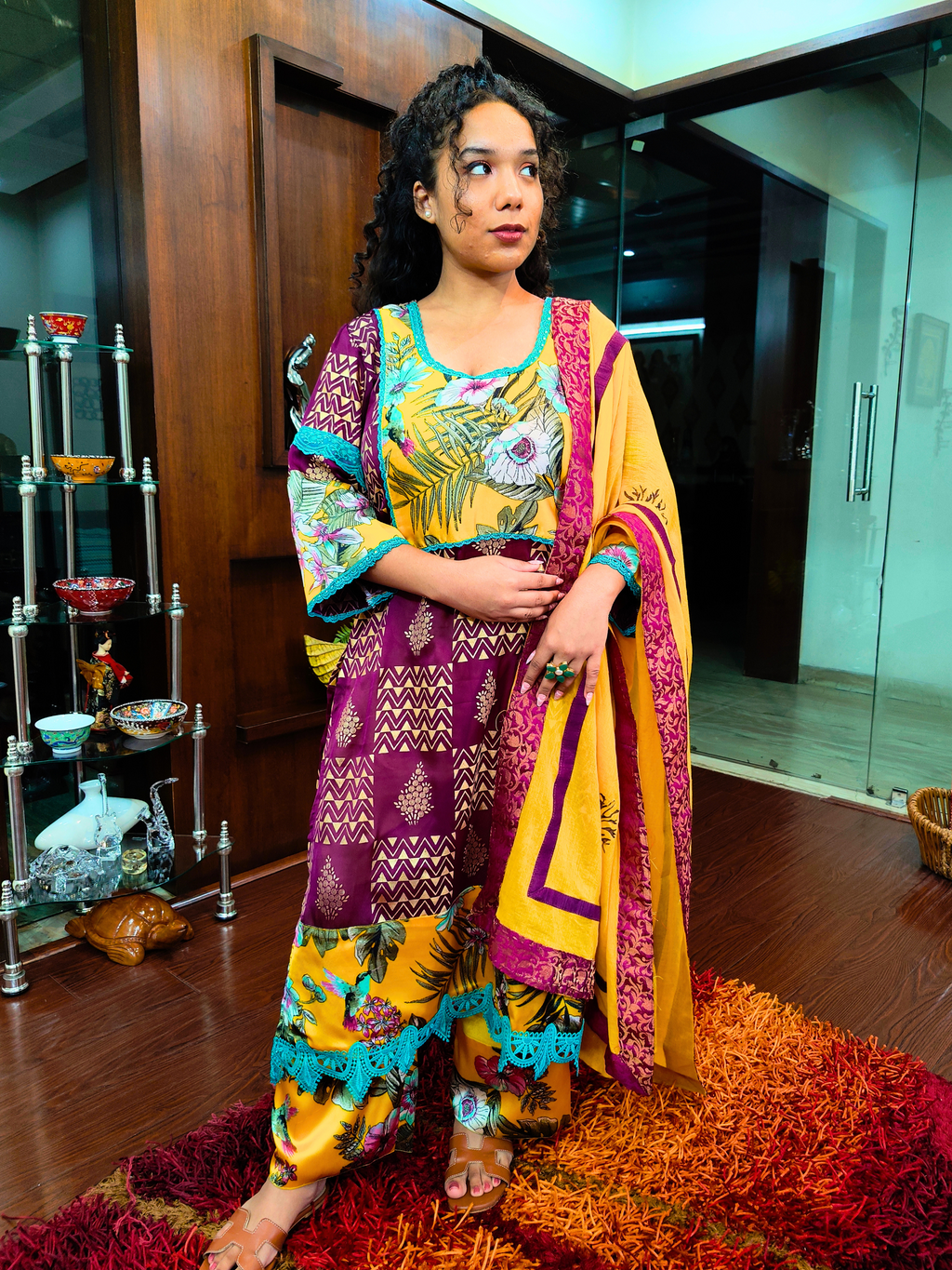 Purple Handblock Silk Green Lace Stitched Suit Set