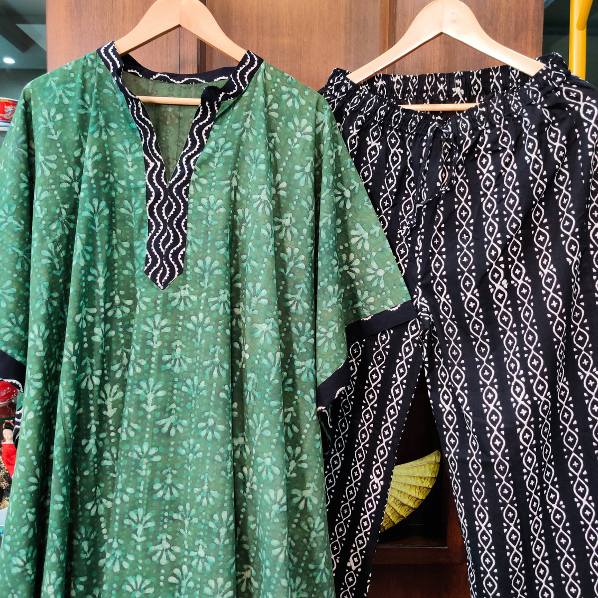 Green and Black Dabu Kurta Kaftan Cotton Stitched Co-Ord Set