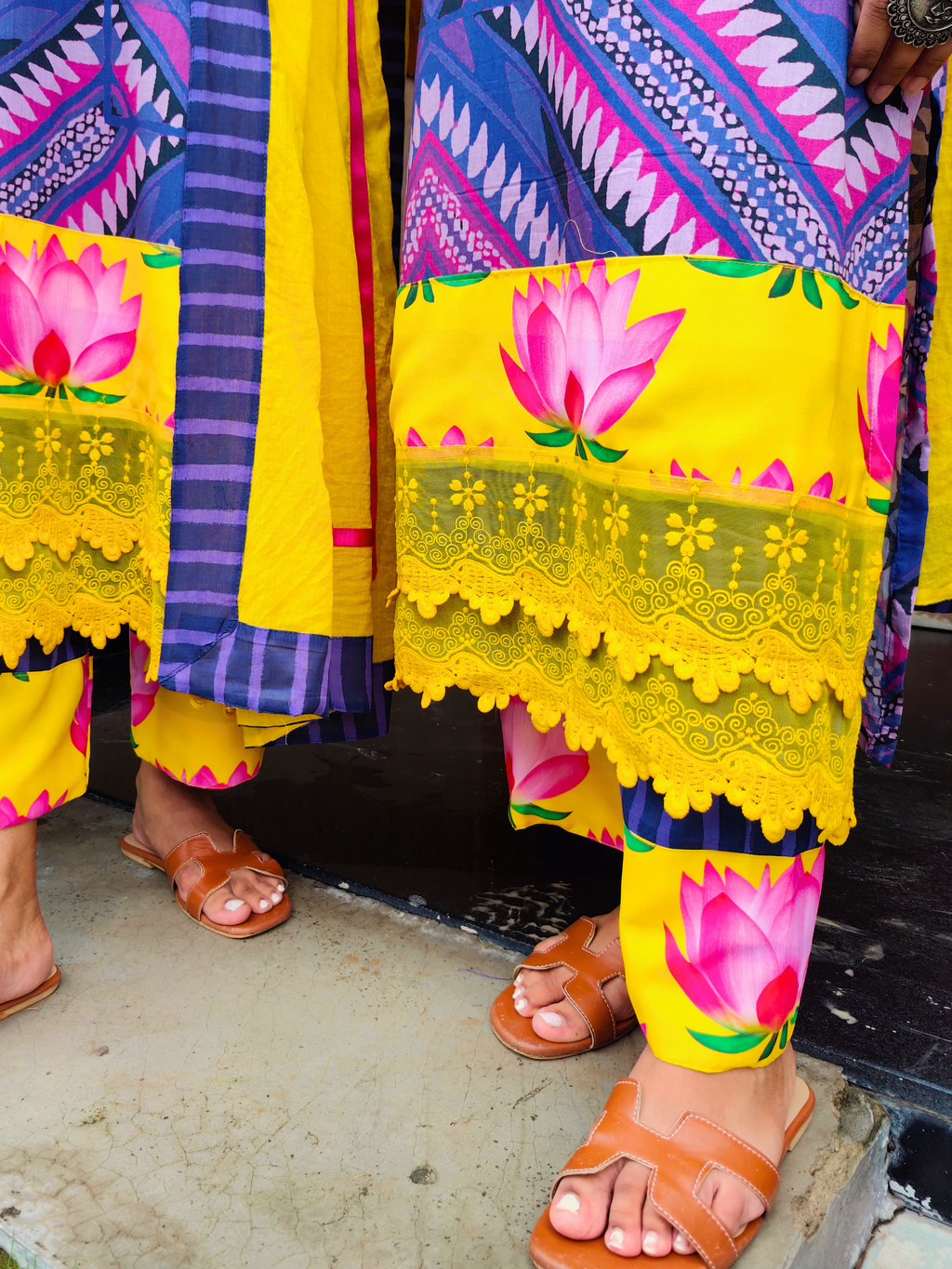 Purple Digital Printed Magenta Lace Cotton Stitched Suit Set