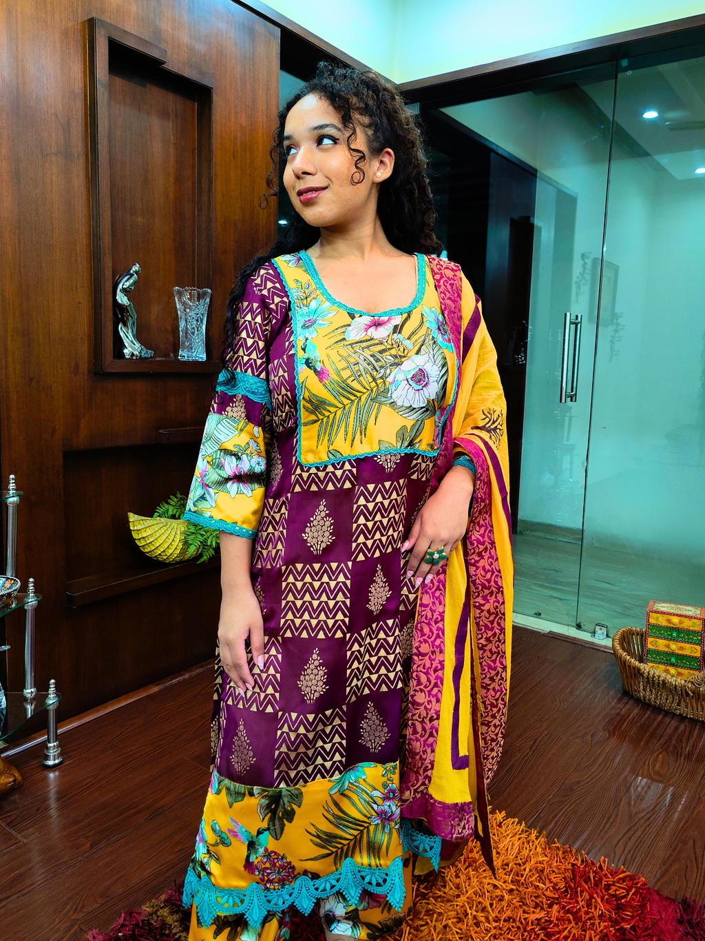 Purple Handblock Silk Green Lace Stitched Suit Set