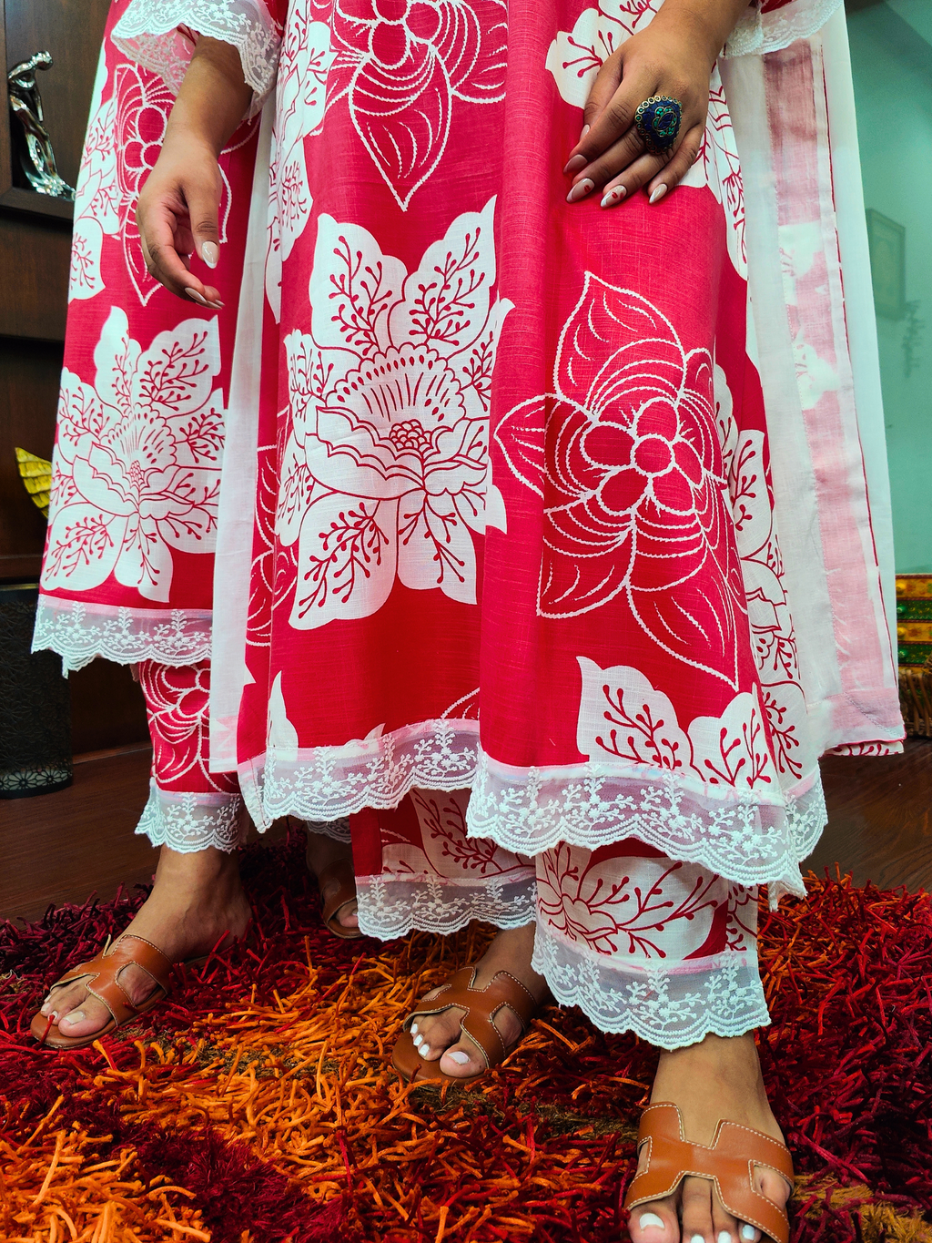 Red Digital Printed White Lace Cotton Stitched Suit Set