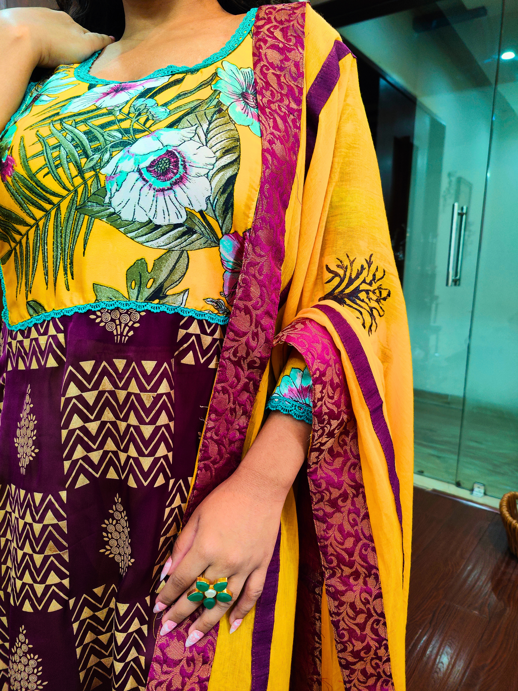 Purple Handblock Silk Green Lace Stitched Suit Set