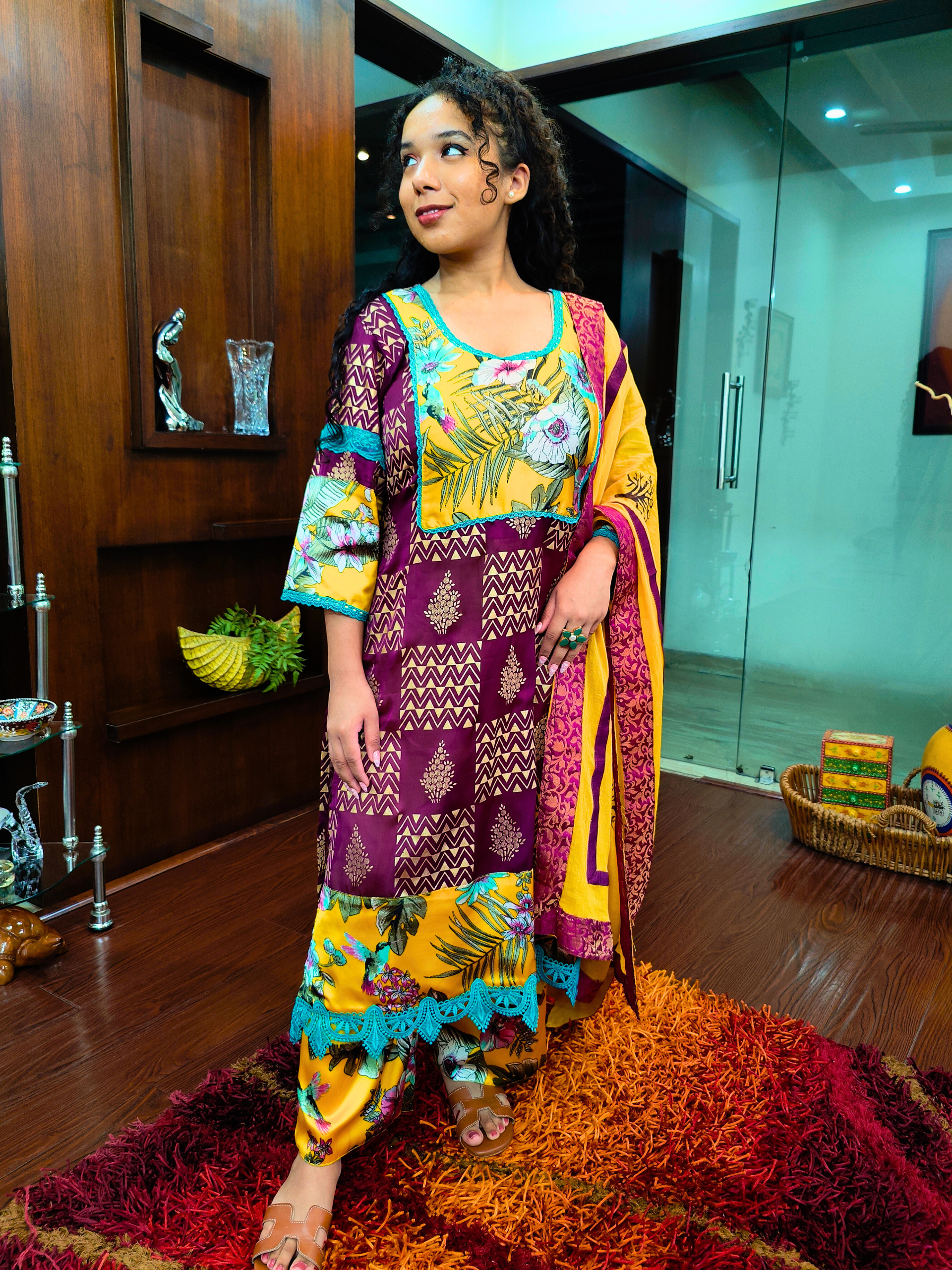 Purple Handblock Silk Green Lace Stitched Suit Set