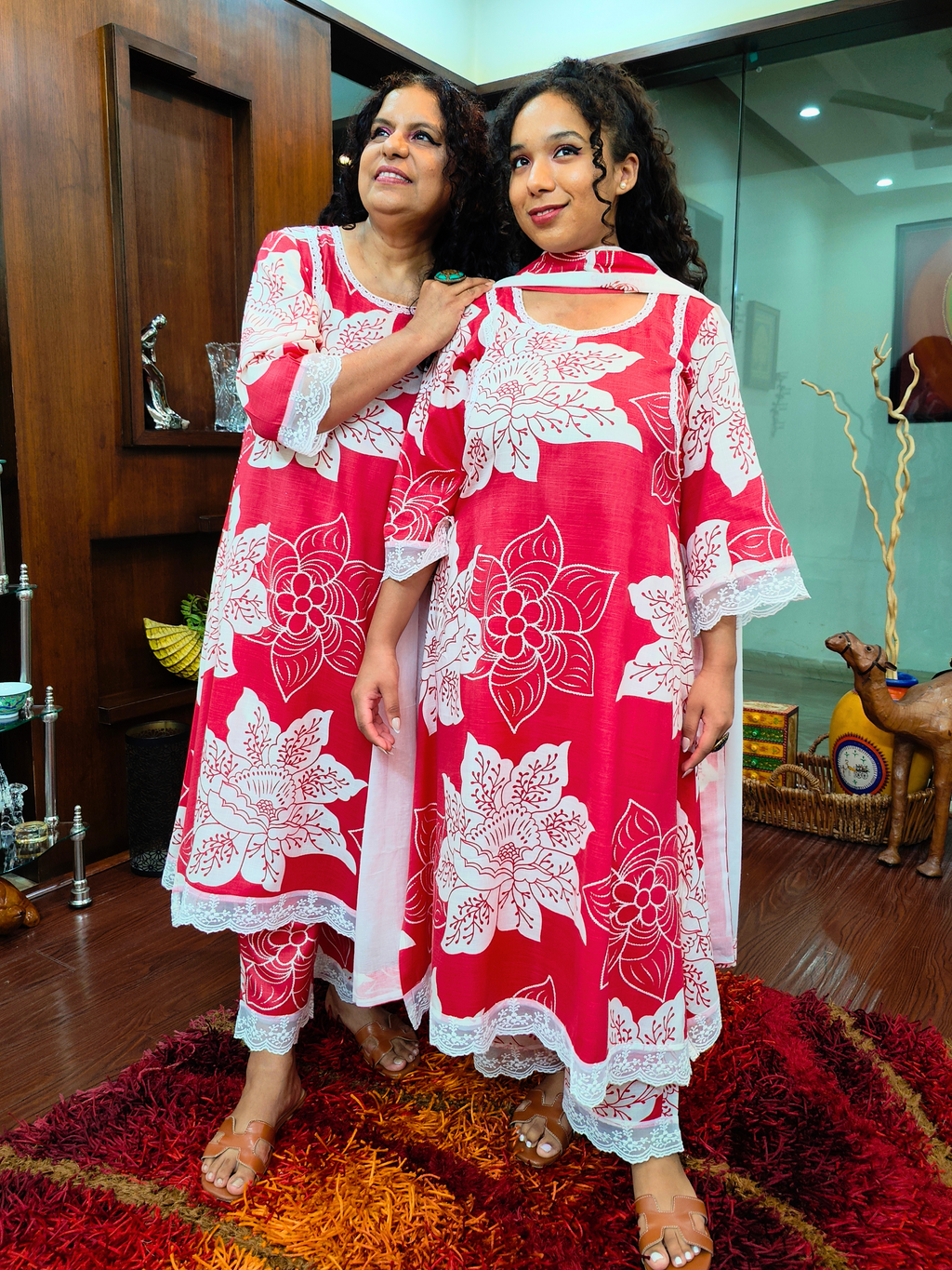 Red Digital Printed White Lace Cotton Stitched Suit Set