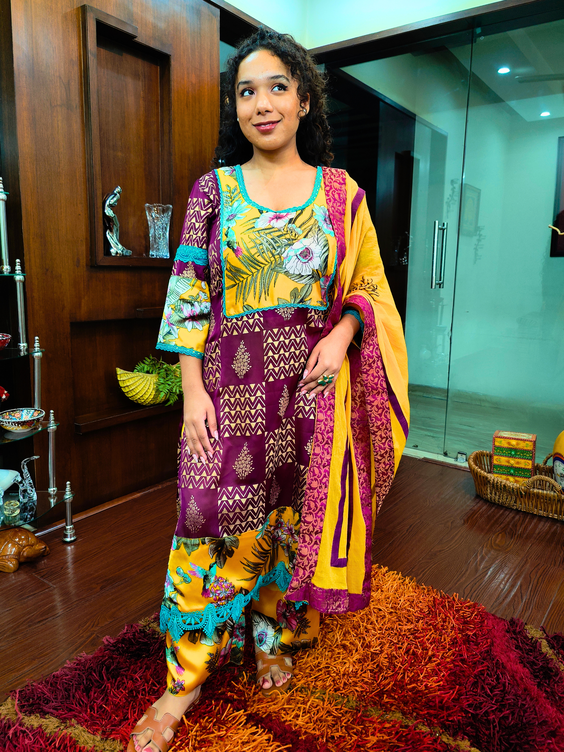 Purple Handblock Silk Green Lace Stitched Suit Set