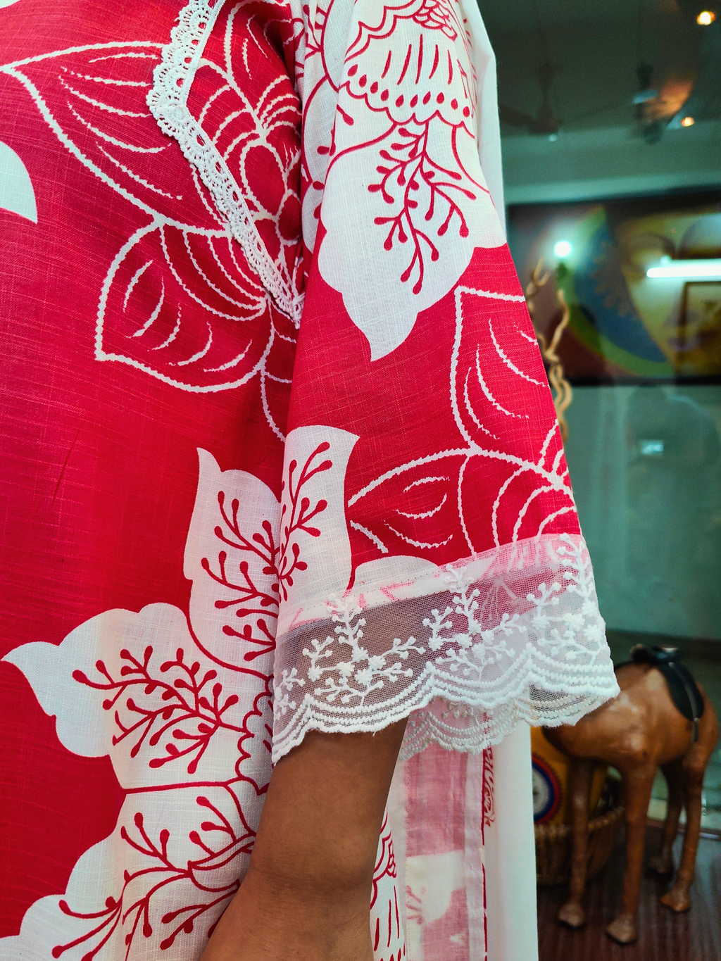 Red Digital Printed White Lace Cotton Stitched Suit Set