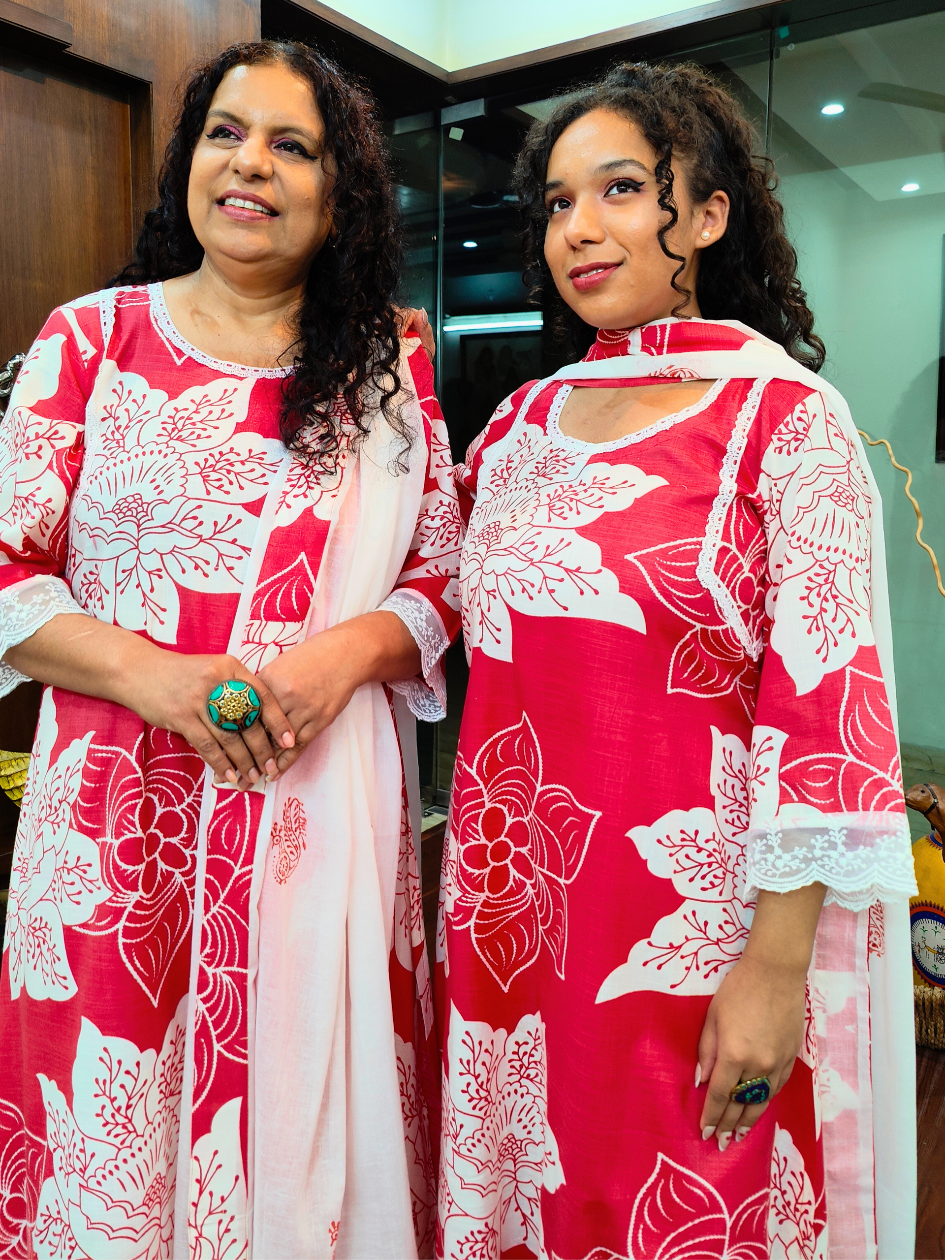 Red Digital Printed White Lace Cotton Stitched Suit Set