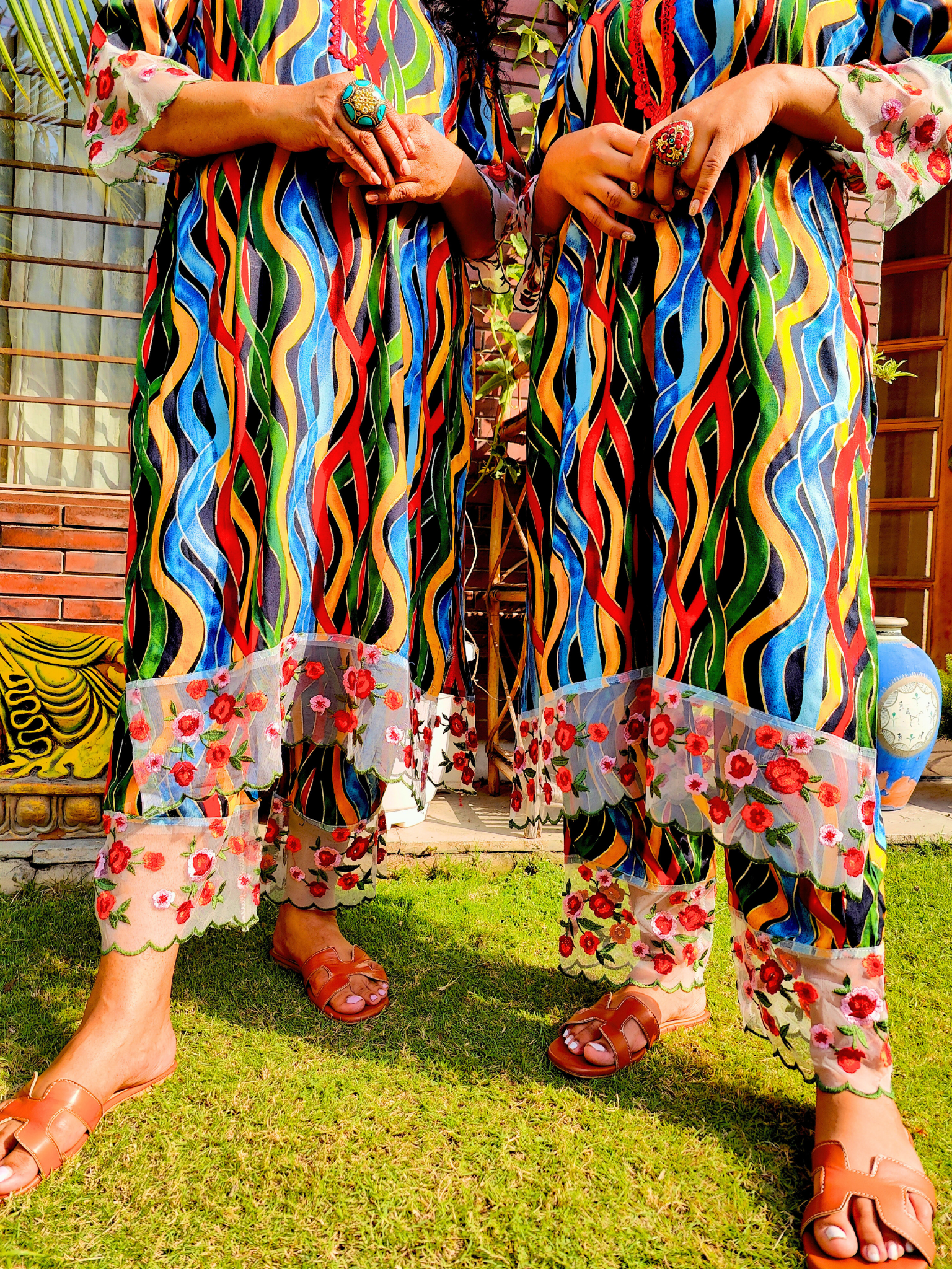 Multi Colour Cotton Floral Lace Stitched Co-Ord Set