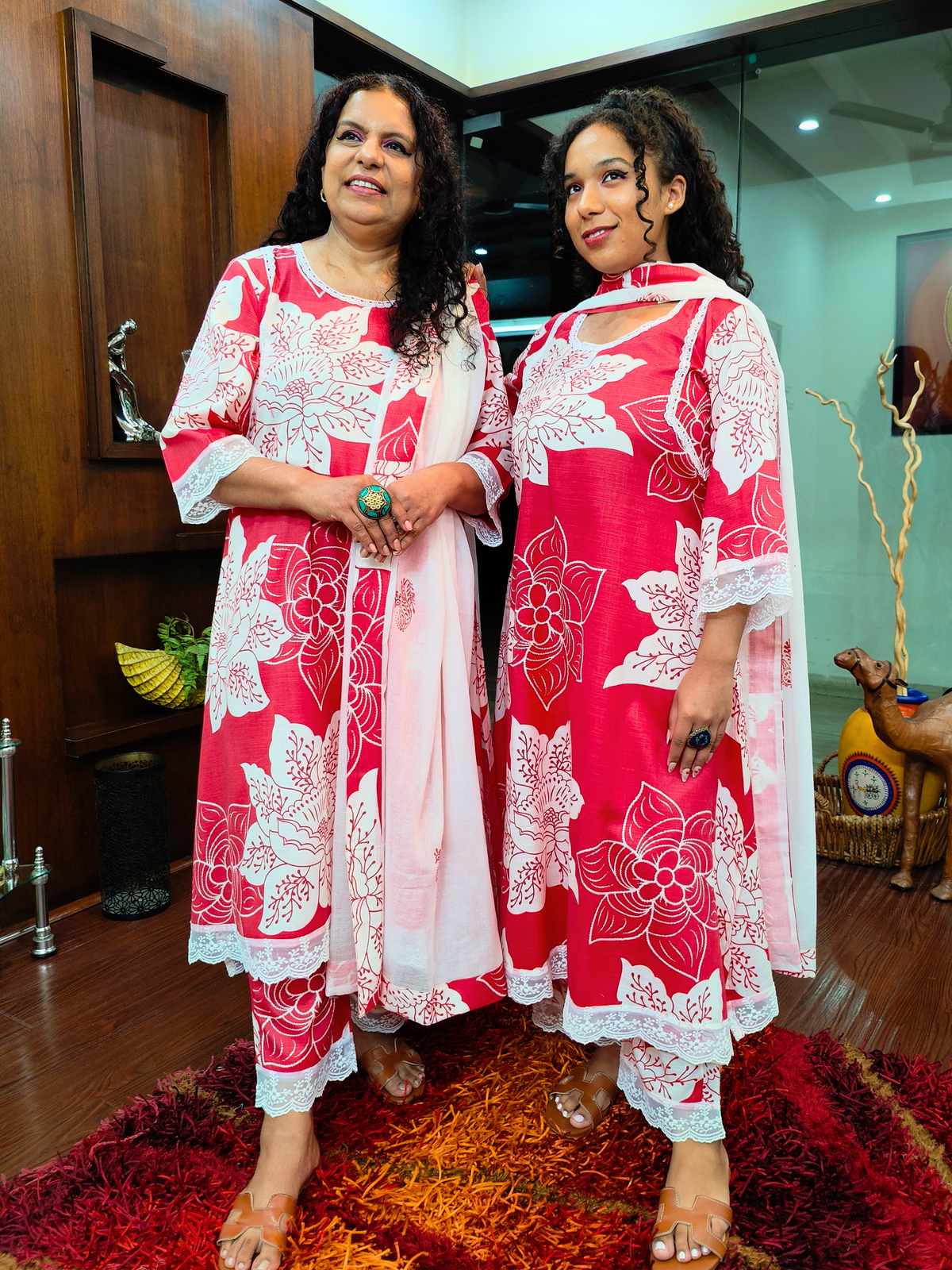 Red Digital Printed White Lace Cotton Stitched Suit Set