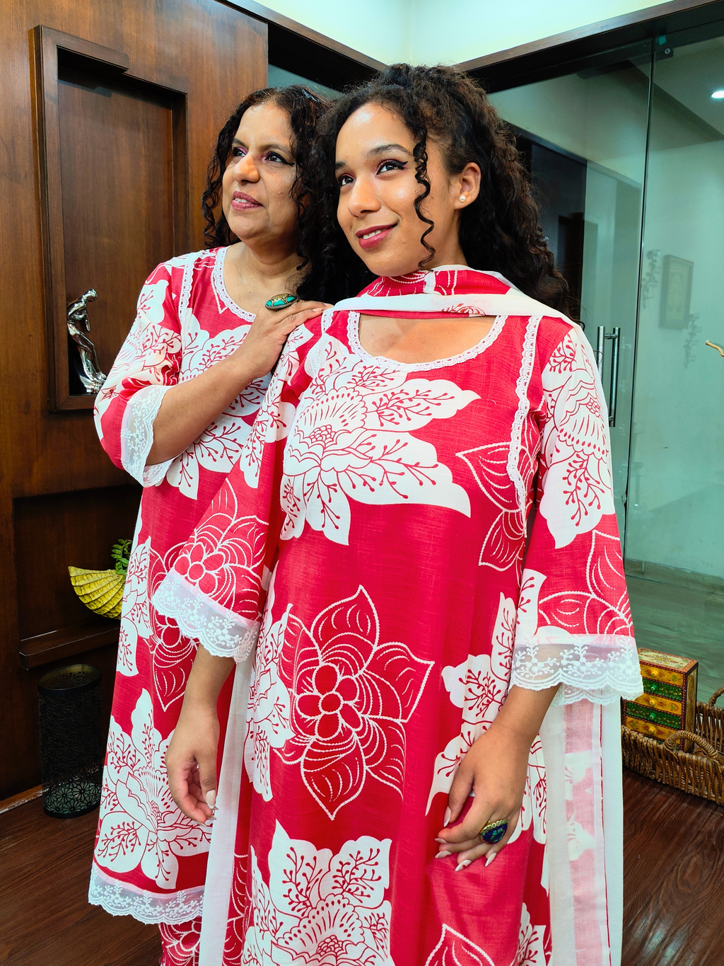 Red Digital Printed White Lace Cotton Stitched Suit Set