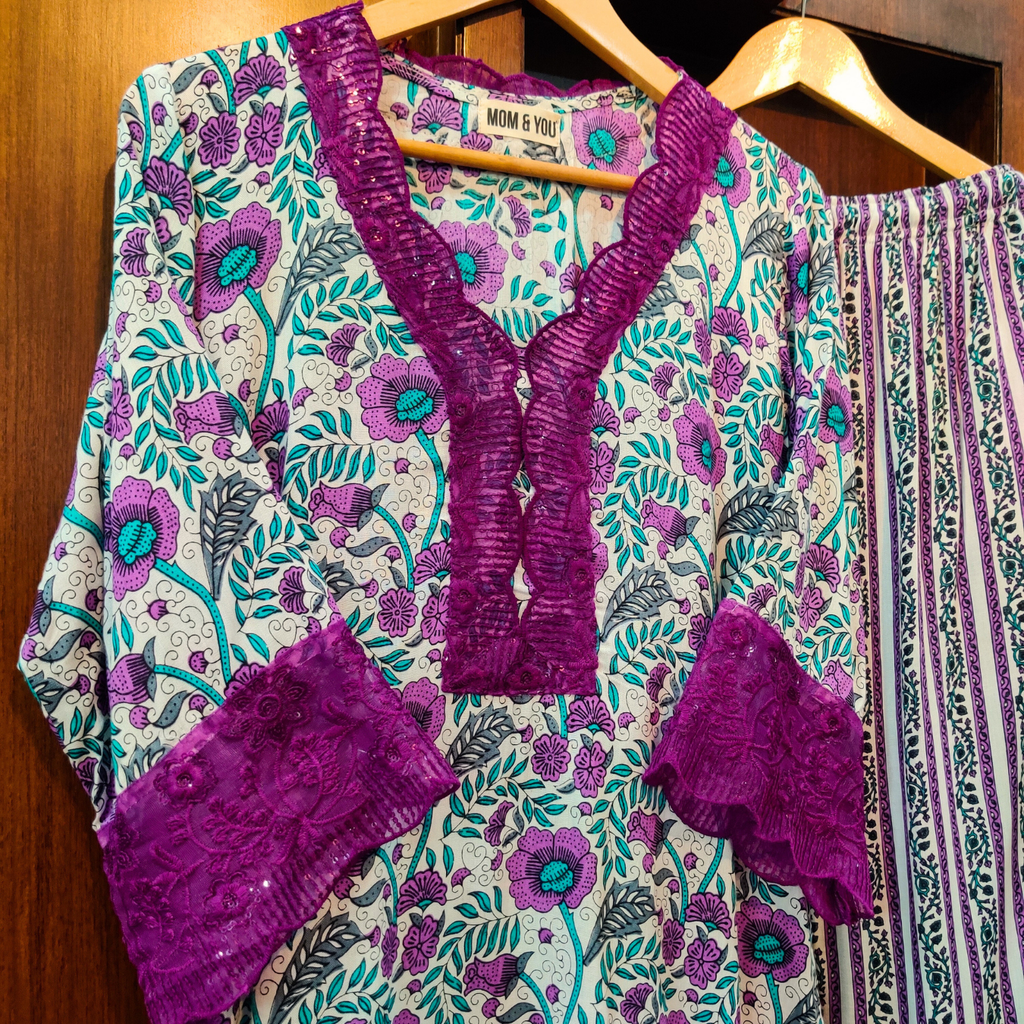White and Purple Sequin Lace Handblock Cotton Stitched Co-Ord Set