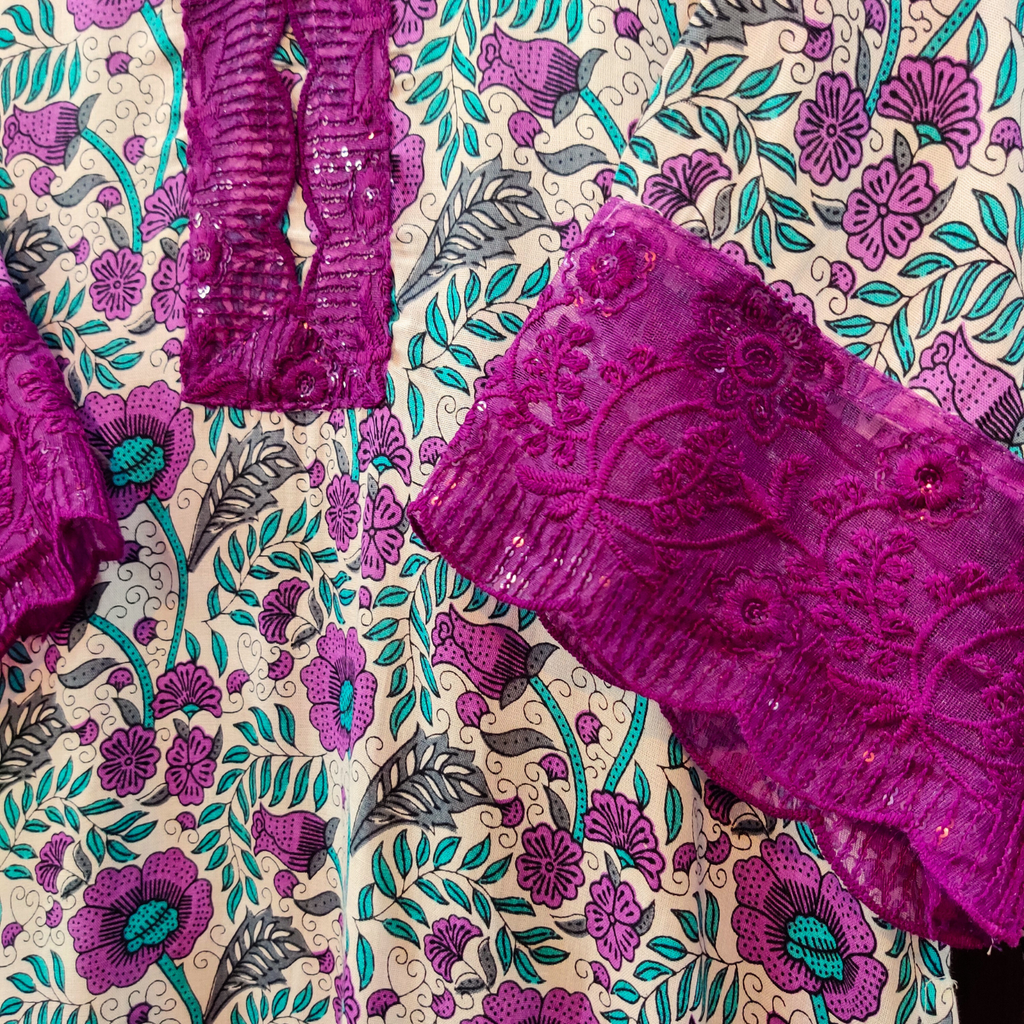 White and Purple Sequin Lace Handblock Cotton Stitched Co-Ord Set