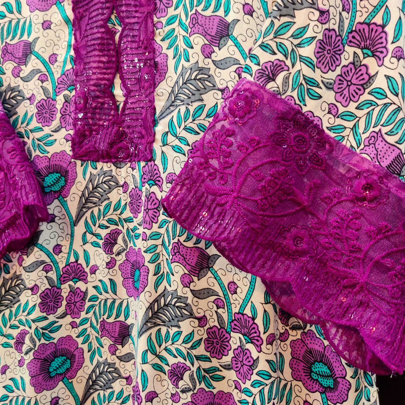 White and Purple Sequin Lace Handblock Cotton Stitched Co-Ord Set