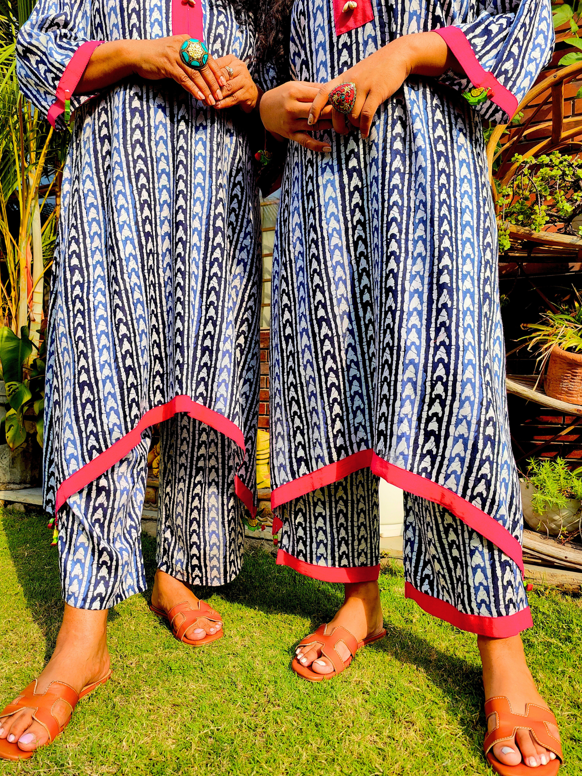 White and Blue Handblock Cotton Stitched Co-Ord Set