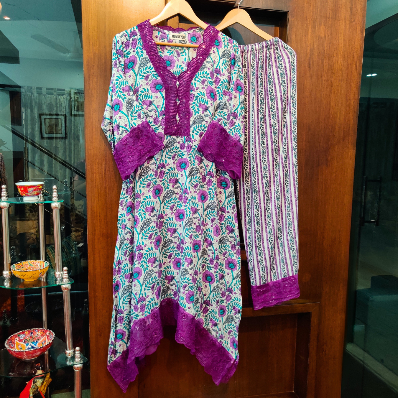 White and Purple Sequin Lace Handblock Cotton Stitched Co-Ord Set