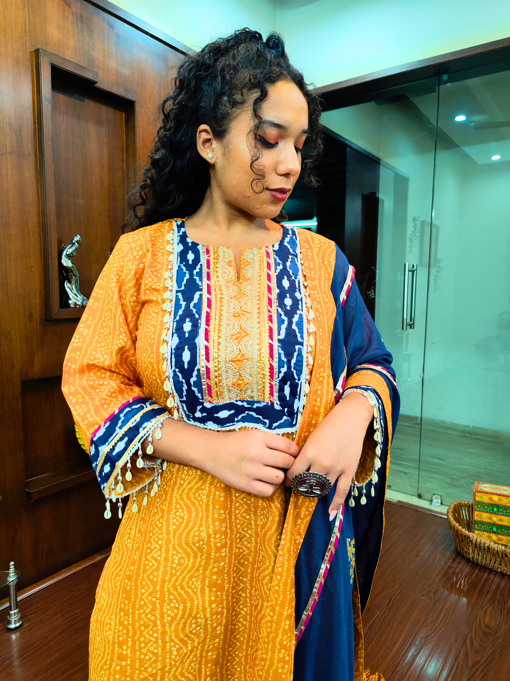 Yellow Bandhej Multi Coloured Gota Flowable Cotton Stitched Suit Set