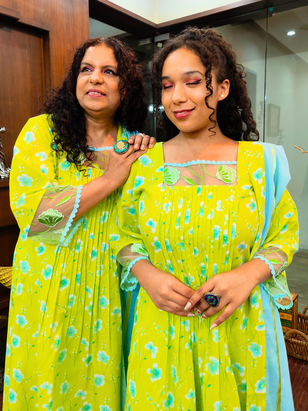 Lime Green Digital Printed Floral Embroidered Lace Cotton Stitched Suit Set