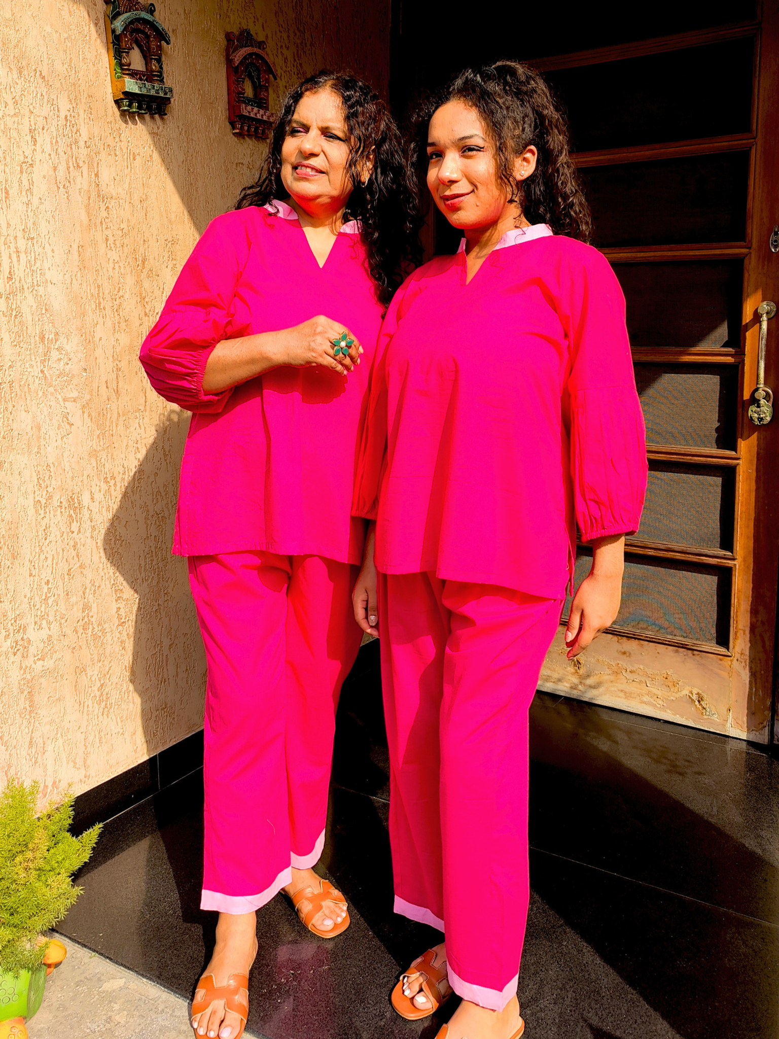 Magenta Cotton Pink Lace Stitched Co-Ord Set