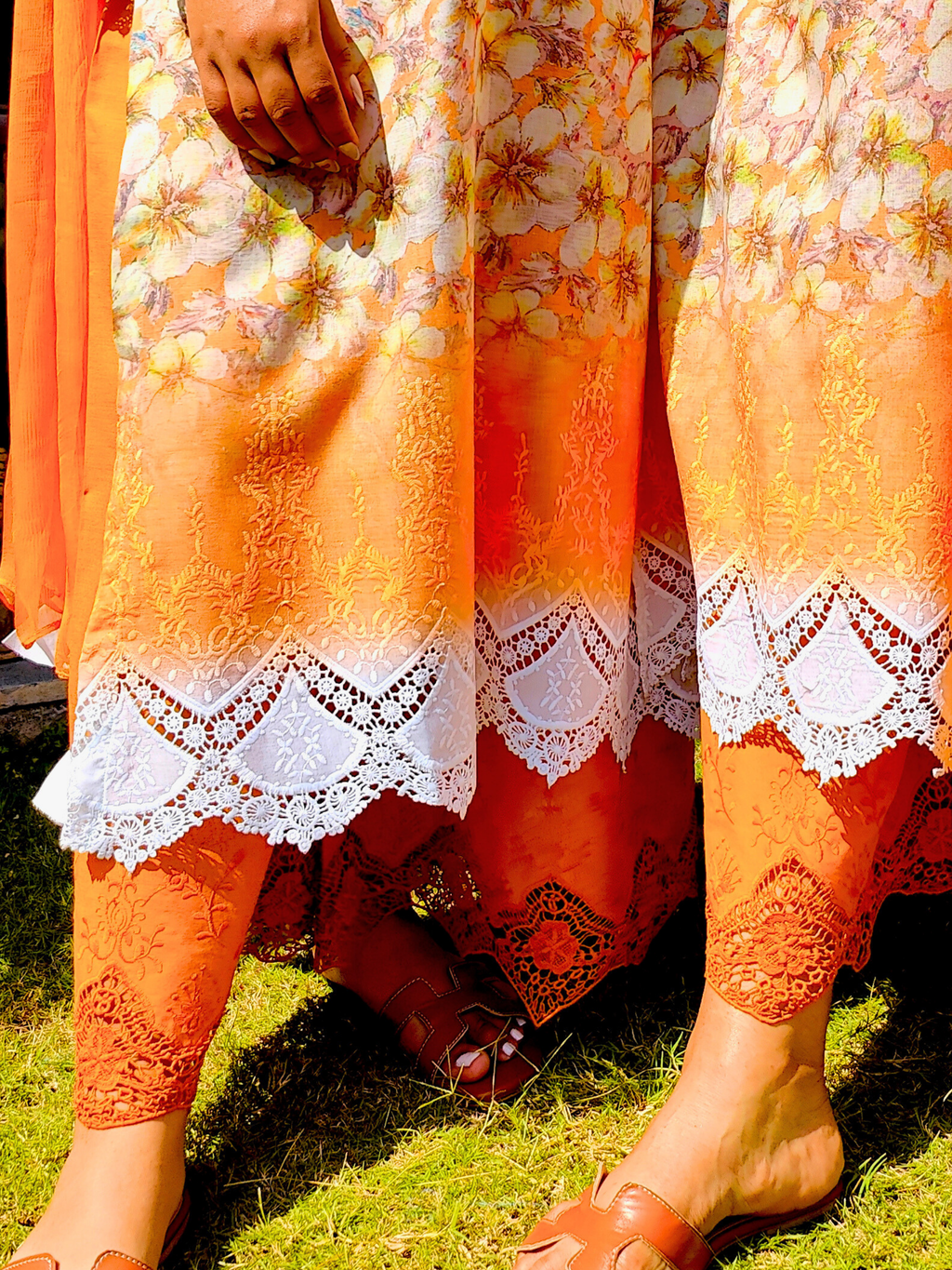 Yellow Pakistani Digital Printed Brown Lace Cotton Stitched Suit Set