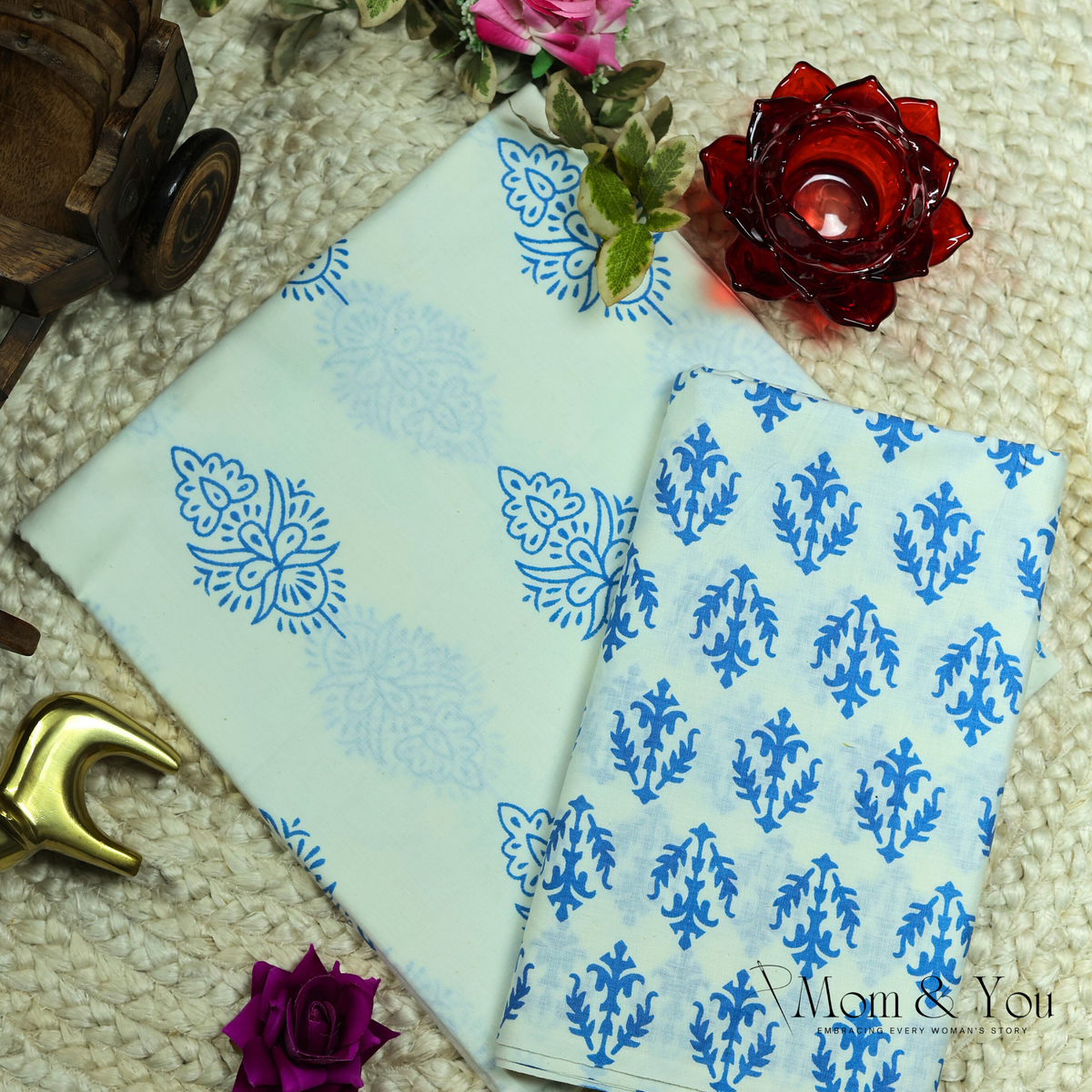 The Blue Handblock Unstitched Dress Material